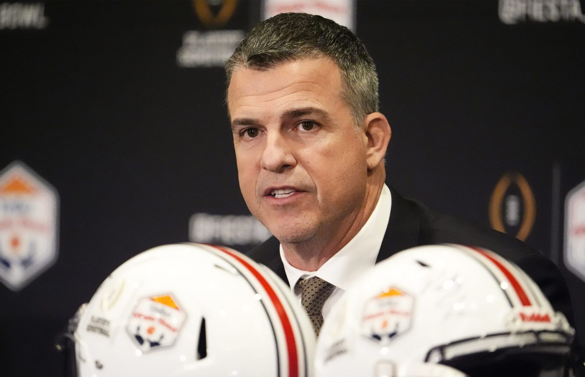 Head coach Mario Cristobal of Miami makes final pregame comments before their matchup with Mississippi at the Fiesta Bowl during a news conference at the JW Marriott Scottsdale Camelback Inn Resort on Jan. 7, 2026.