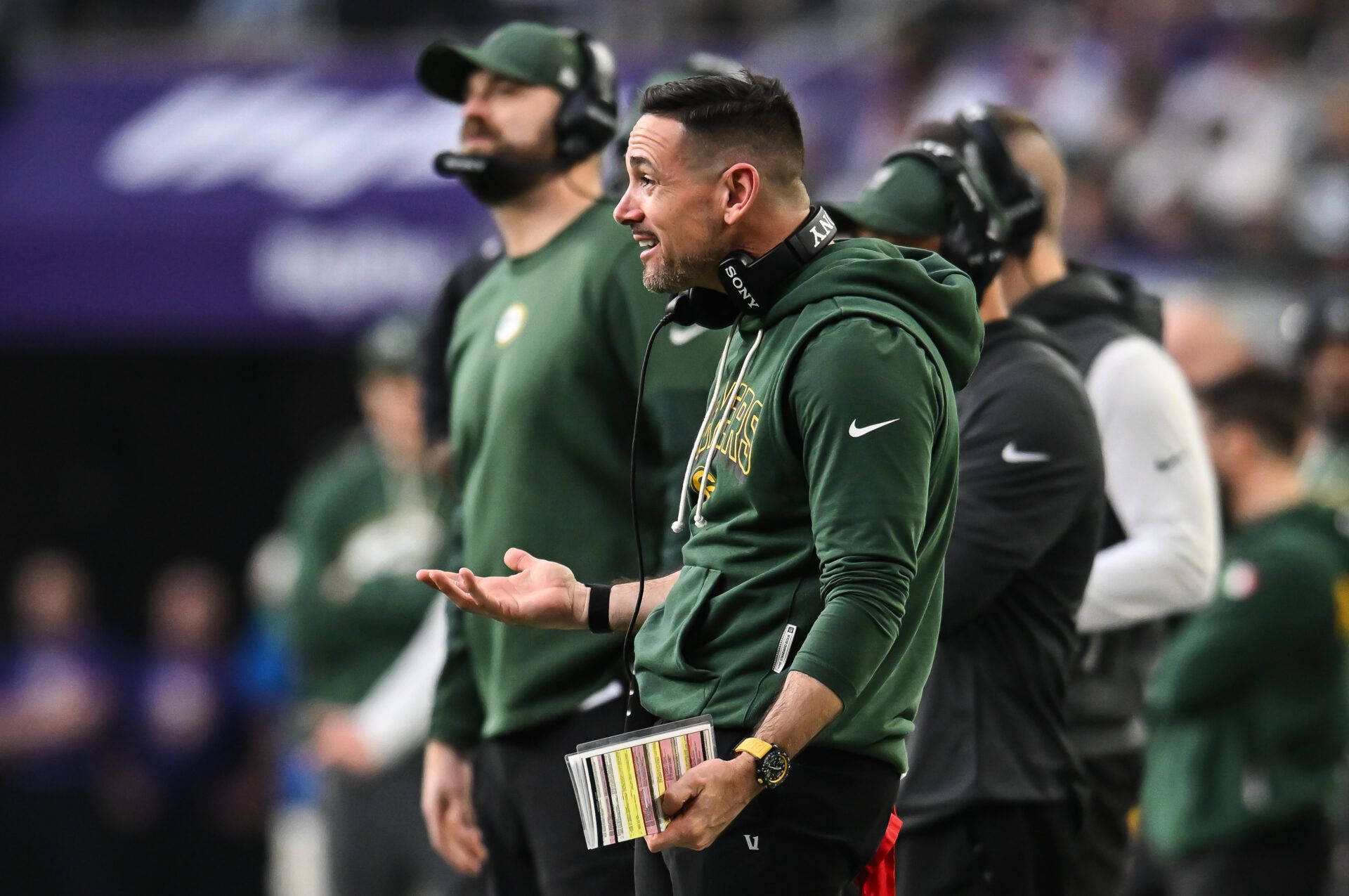 Green Bay Packers head coach Matt Lafleur reacts to a play against the Minnesota Vikings during the third quarter at U.S. Bank Stadium.