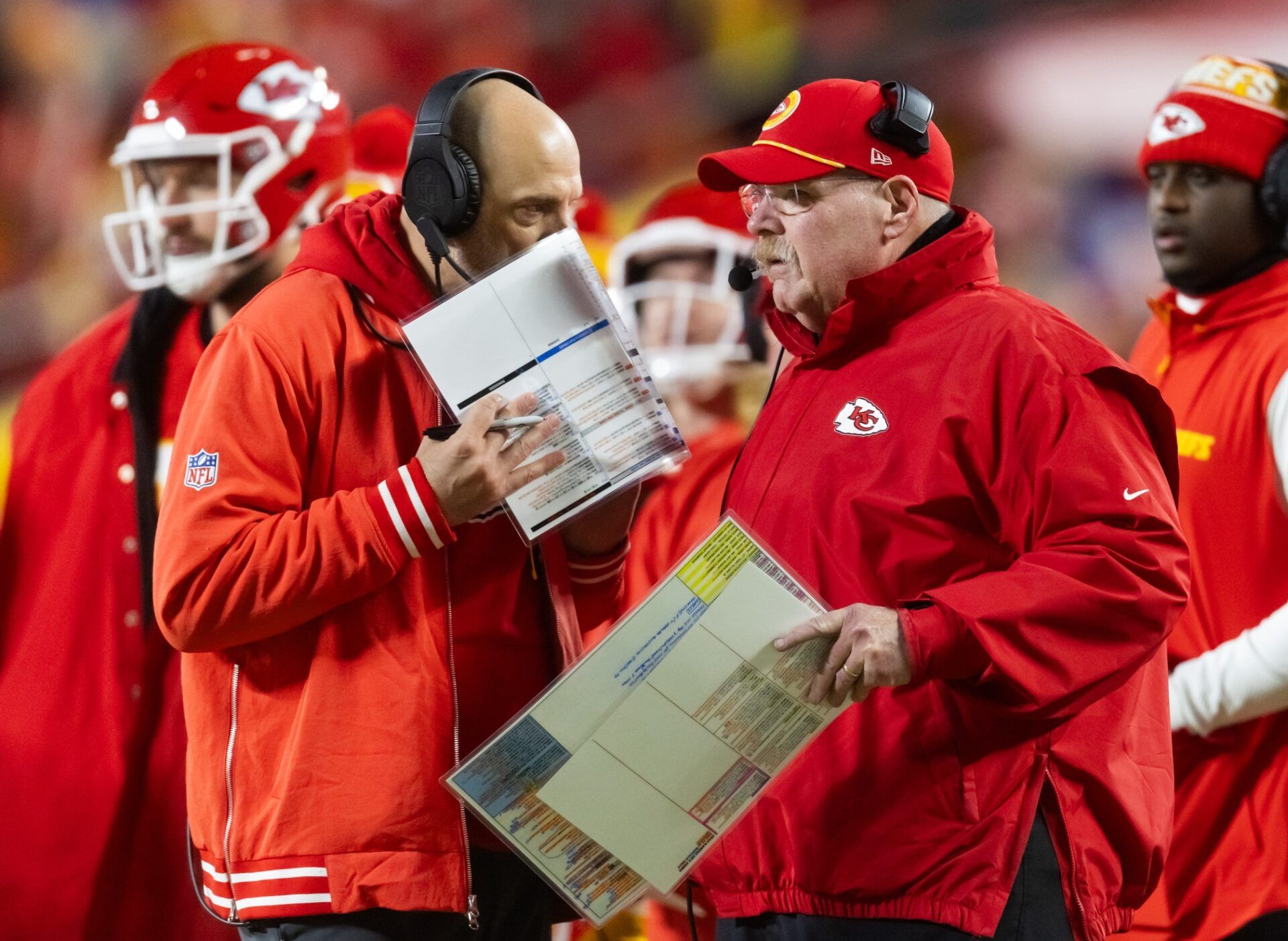 Kansas City Chiefs offensive coordinator Matt Nagy (left) and head coach Andy Reid against the Buffalo Bills during the AFC Championship game at GEHA Field at Arrowhead Stadium.