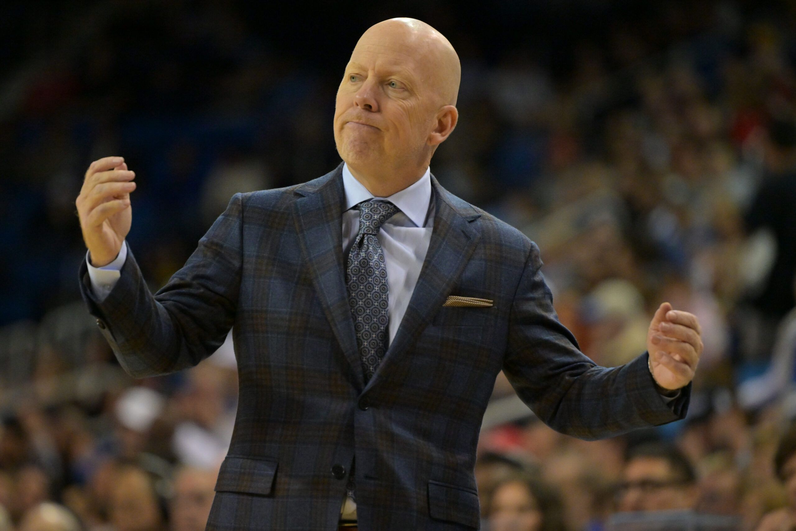UCLA Bruins head coach Mick Cronin reacts after a play in the first half against the Maryland Terrapins at Pauley Pavilion presented by Wescom Financial.