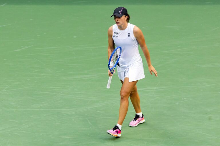 Iga Swiatek of Poland in action against Amanda Anisimova of the United States in the quarterfinal of the women’s singles at the US Open at Arthur Ashe Stadium in Billie Jean King National Tennis Center.