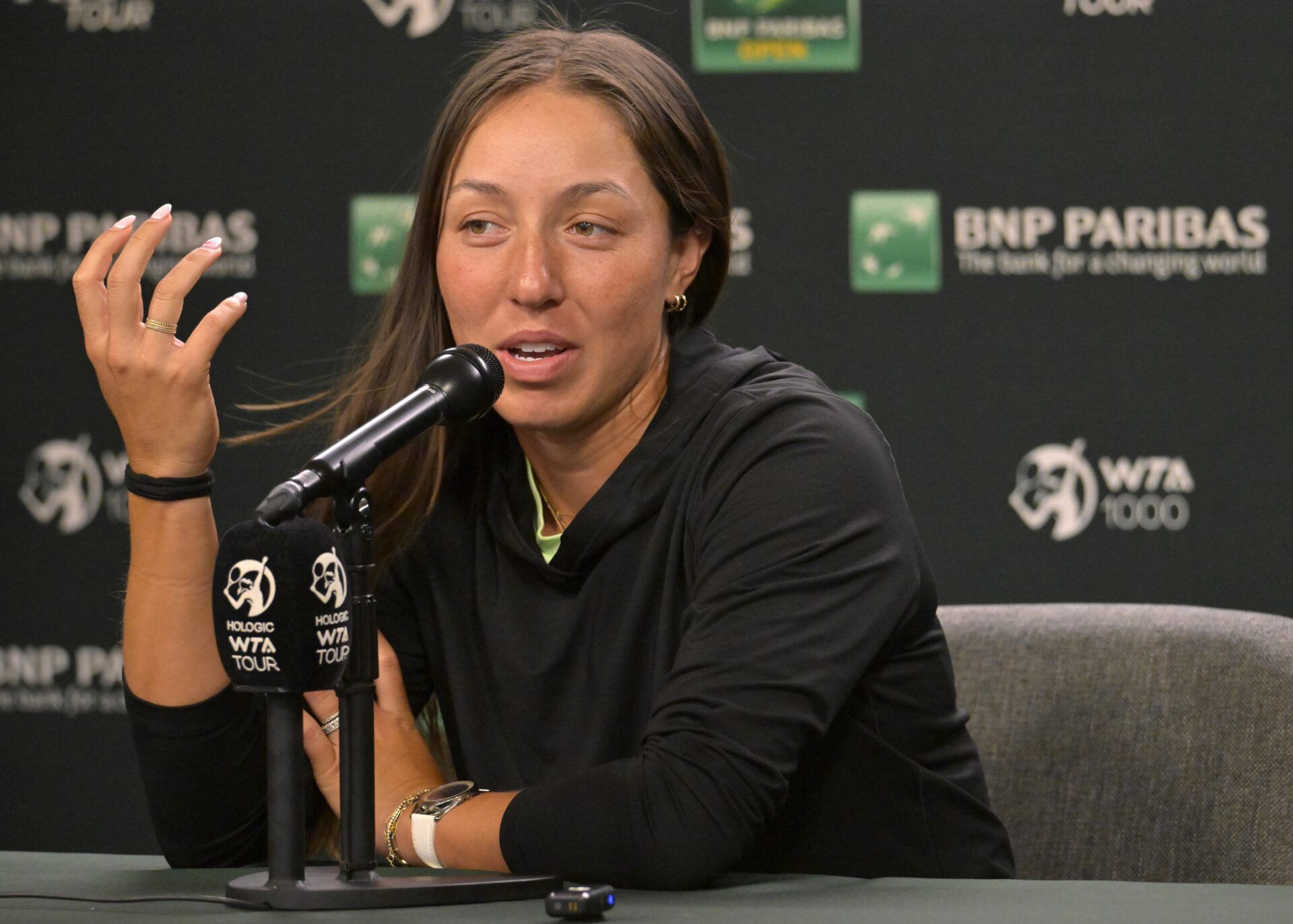 Jessica Pegula talks to the media during a press conference during the BNP Paribas Open at the Indian Wells Tennis Garden.