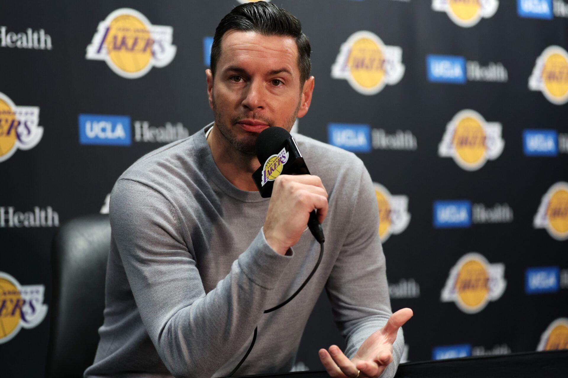 Los Angeles Lakers head coach JJ Redick speaks to media prior to a game against the Denver Nuggets at Crypto.com Arena.