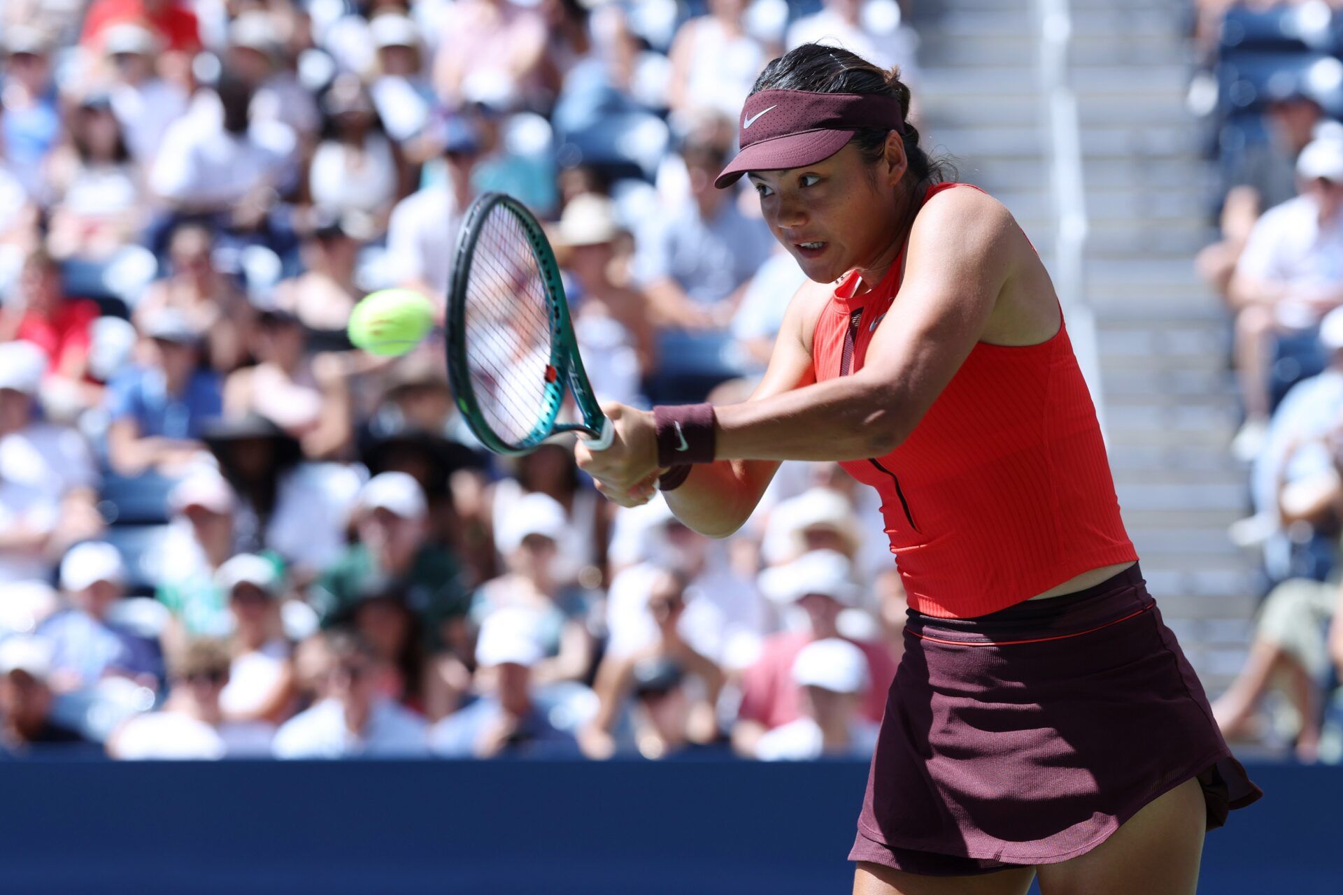 Emma Raducanu (GBR) hits the ball to Ena Shibahara (not pictured) on day one of the 2025 U.S. Open tennis tournament at the USTA Billie Jean King National Tennis Center.