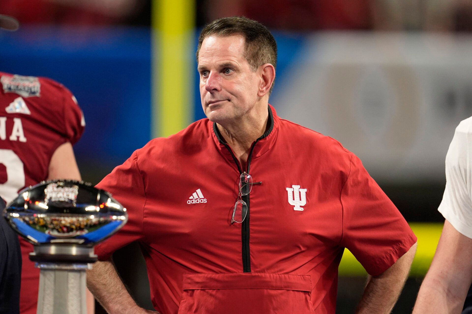 Indiana Hoosiers head coach Curt Cignetti reacts on stage after the 2025 Peach Bowl and semifinal game of the College Football Playoff against the Oregon Ducks at Mercedes-Benz Stadium.