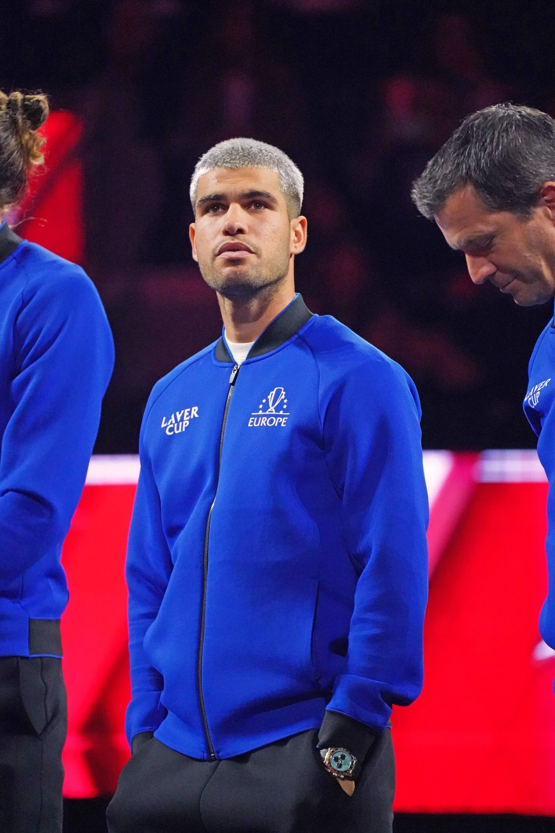 Team Europe player Carlos Alcaraz looks to the crowd during introductions at the Laver Cup at Chase Center.