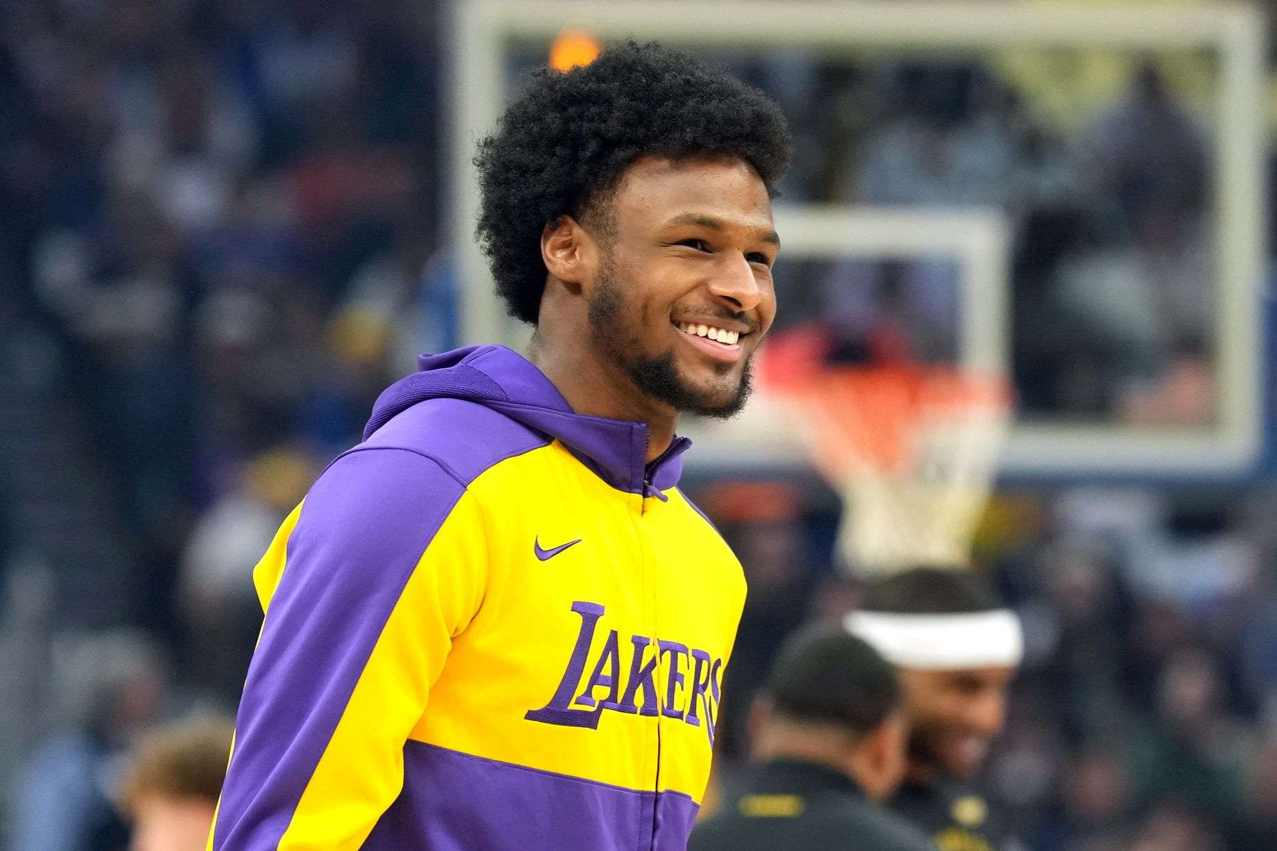 Los Angeles Lakers guard Bronny James (9) before the game against the Golden State Warriors at Chase Center.