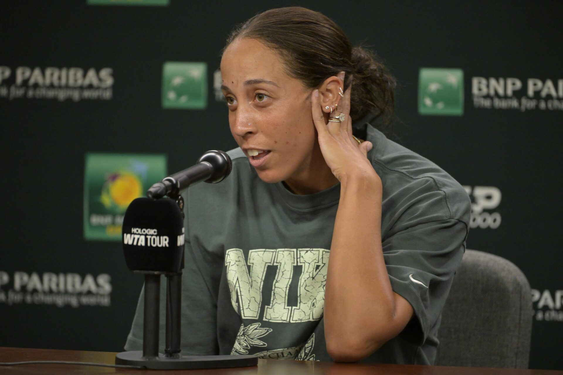 Madison Keys (USA) talks to media during a news conference during the BNP Paribas Open at the Indian Well Tennis Garden.