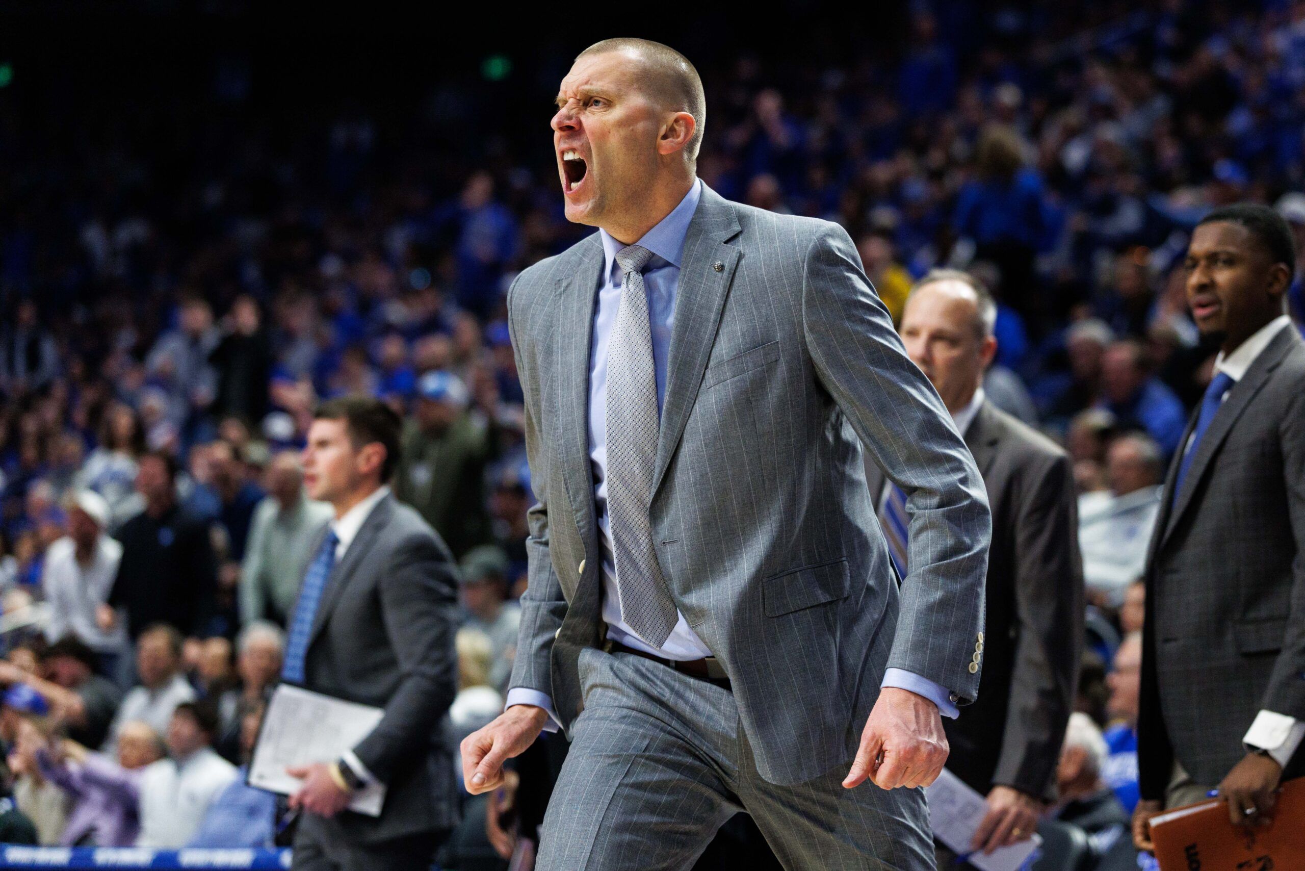 Kentucky Wildcats head coach Mark Pope yells across the court during the first half against the Missouri Tigers at Rupp Arena at Central Bank Center.