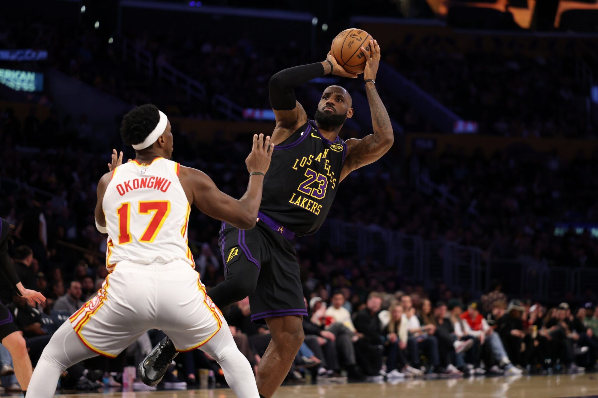 Los Angeles Lakers forward LeBron James (23) shoots the ball against Atlanta Hawks forward Onyeka Okongwu (17) during the third quarter at Crypto.com Arena.