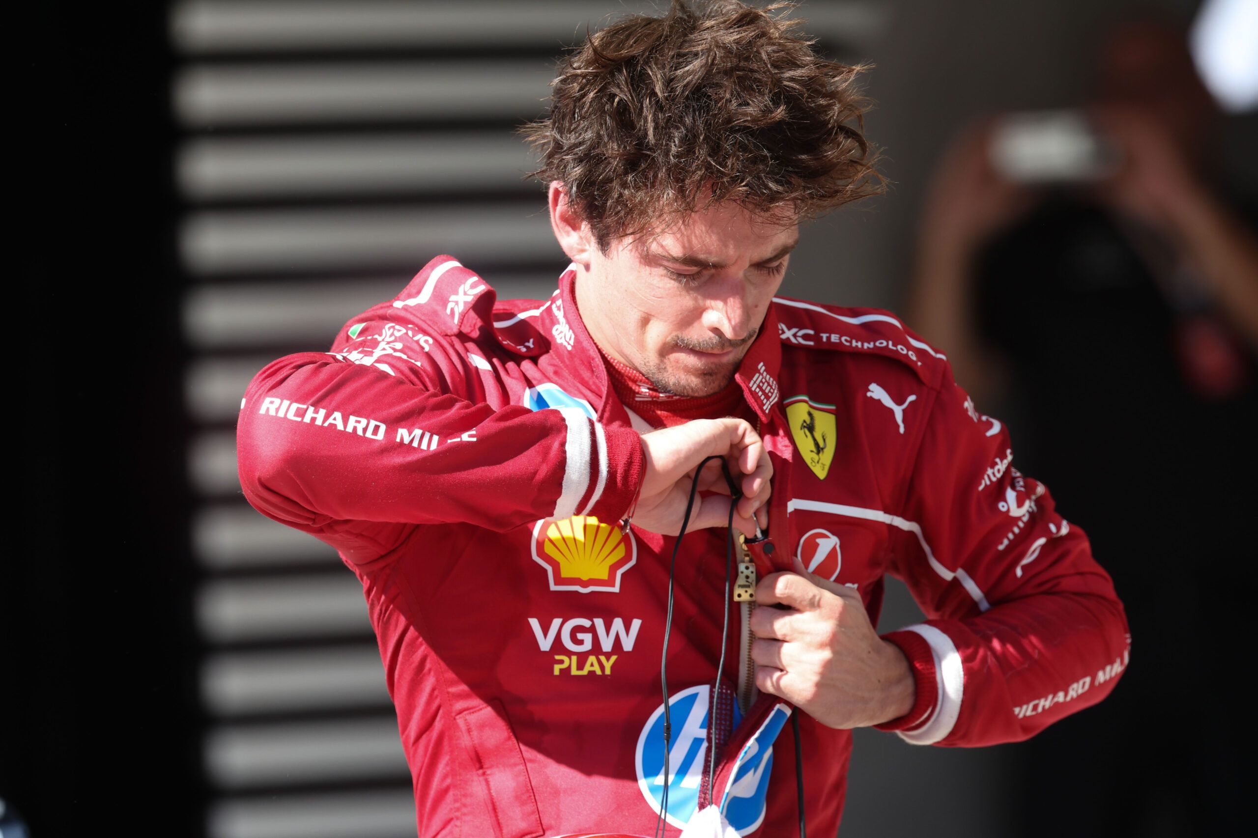Austin, TX, USA;  Scuderia Ferrari HP driver Charles Leclerc (16) of Team Monaco  removes his protective equipment after the race at Circuit of The Americas Austin.