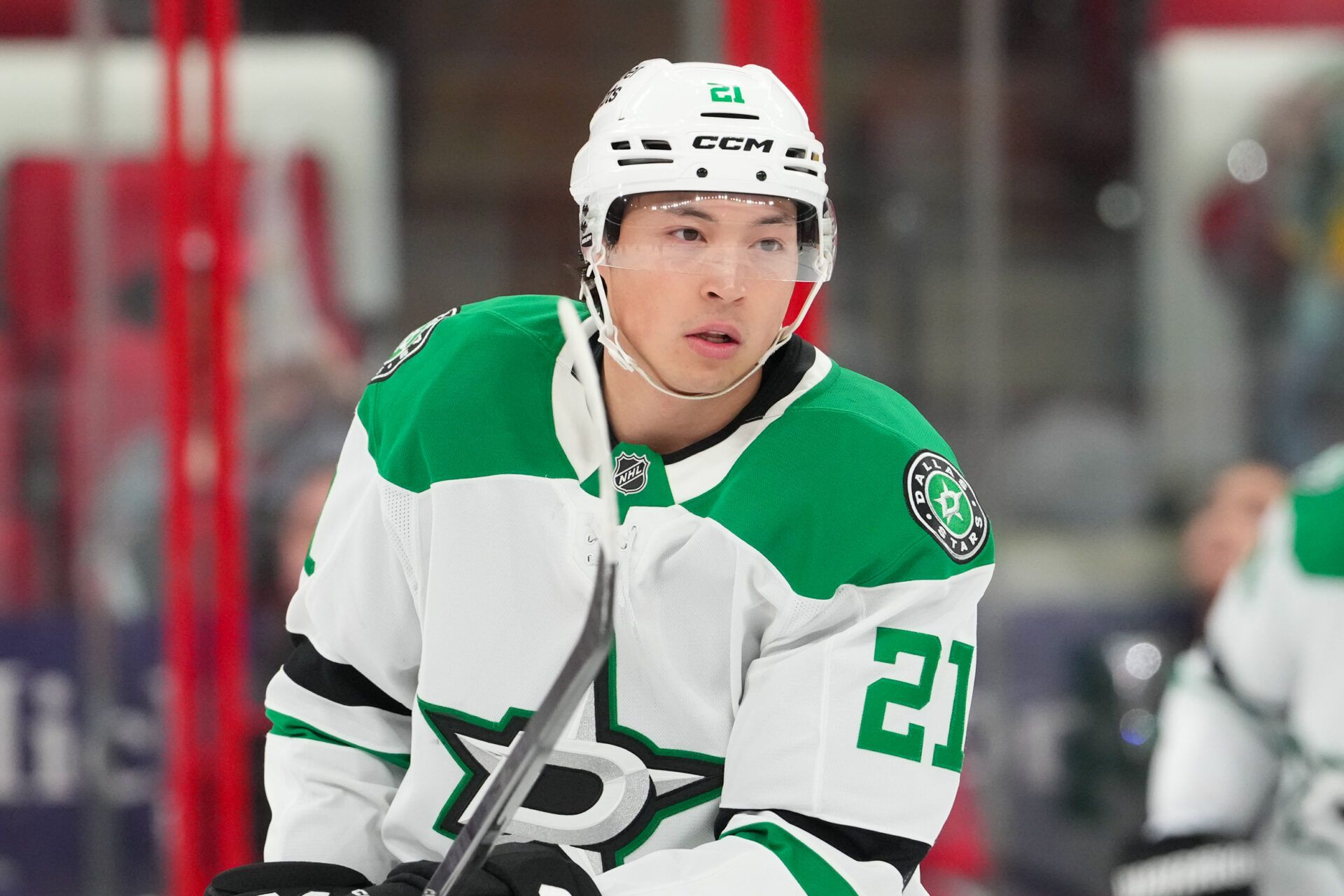 Dallas Stars left wing Jason Robertson (21) skates during the warmups before the game against the Carolina Hurricanes at Lenovo Center.