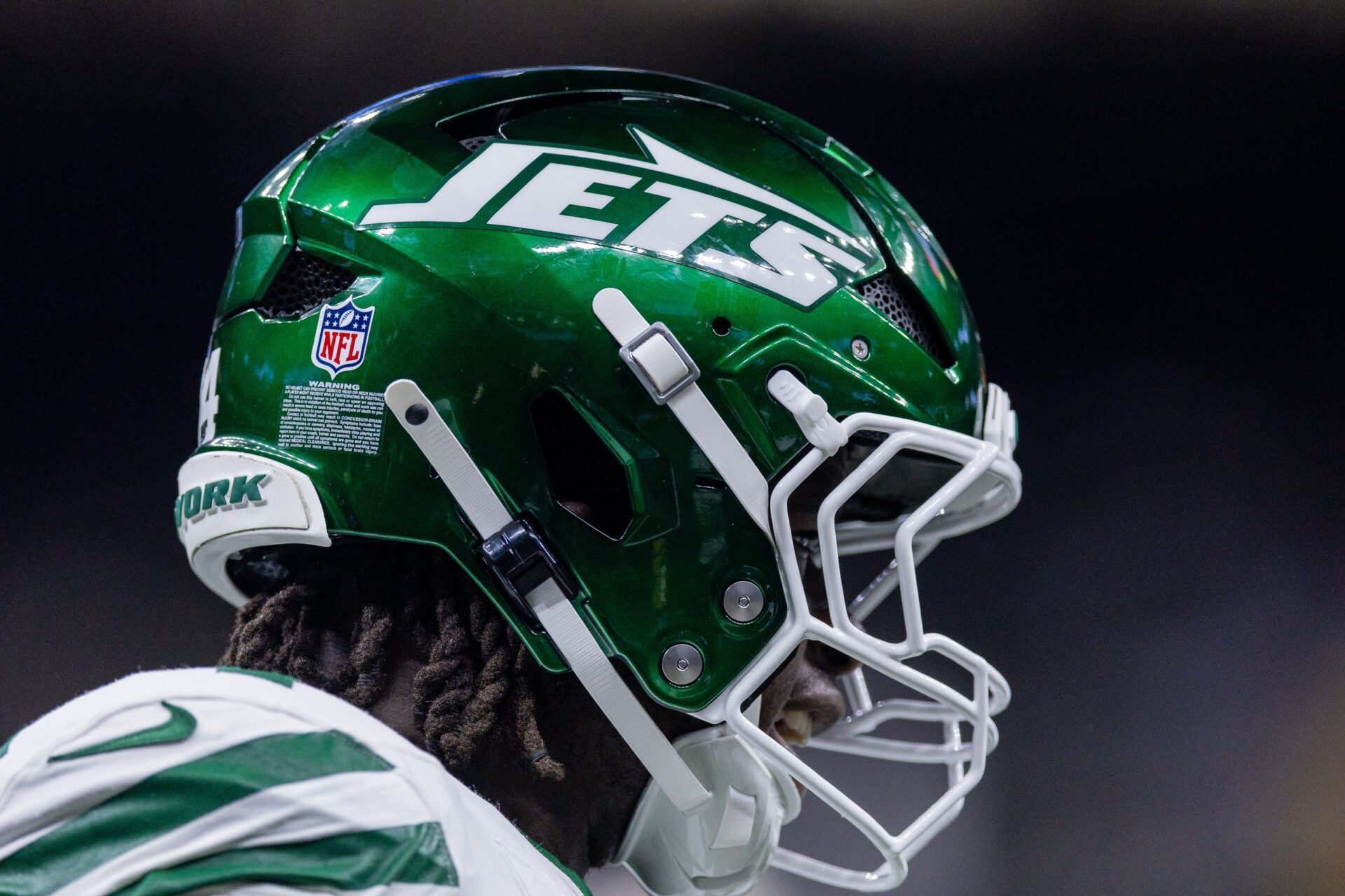 Detailed view of the New York Jets helmet during warm ups before the game against the New Orleans Saints at Caesars Superdome.
