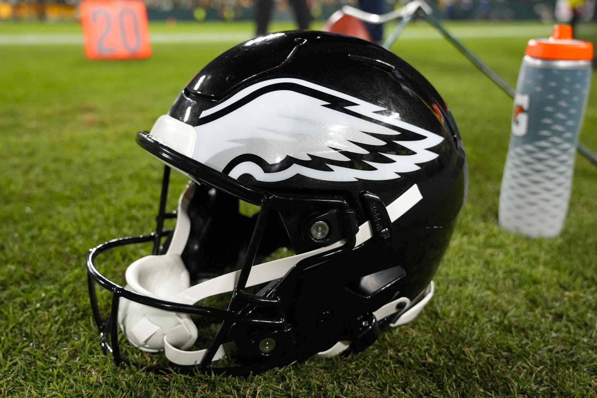 General view of an Philadelphia Eagles helmet during the game against the Green Bay Packers at Lambeau Field.