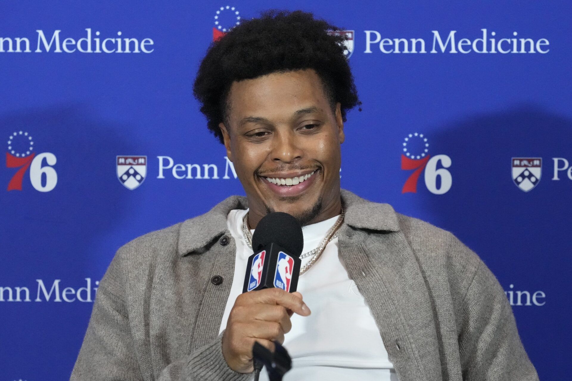 Philadelphia 76ers guard Kyle Lowry (7) addresses the media during a post game press conference after a win over the Toronto Raptors at Scotiabank Arena.