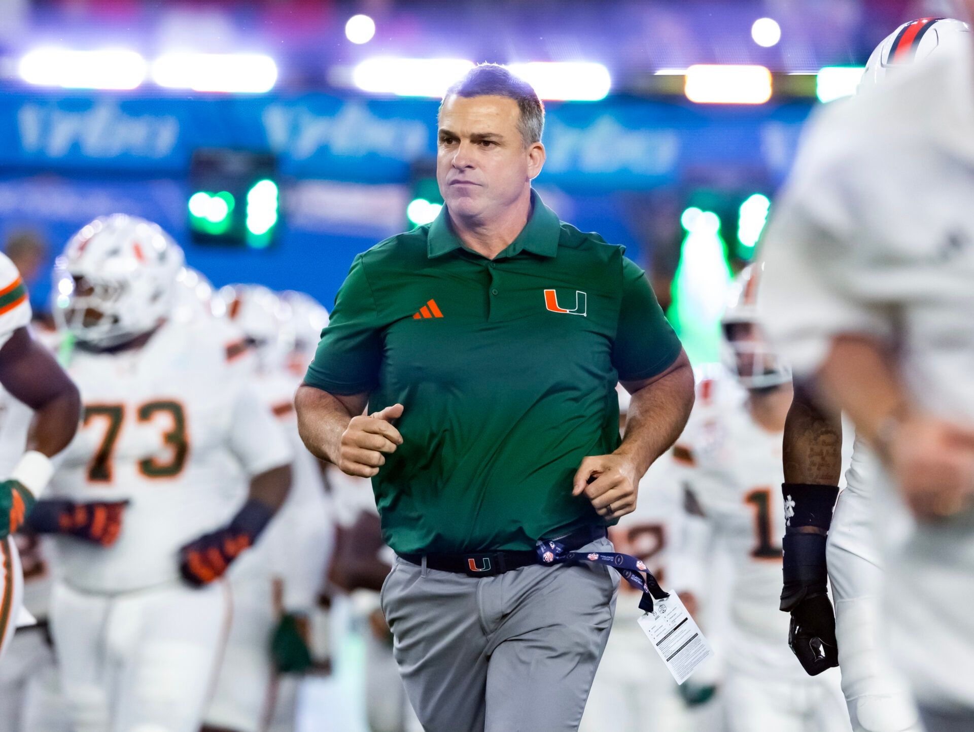 Miami Hurricanes head coach Mario Cristobal against the Mississippi Rebels during the 2026 Fiesta Bowl and semifinal game of the College Football Playoff at State Farm Stadium.