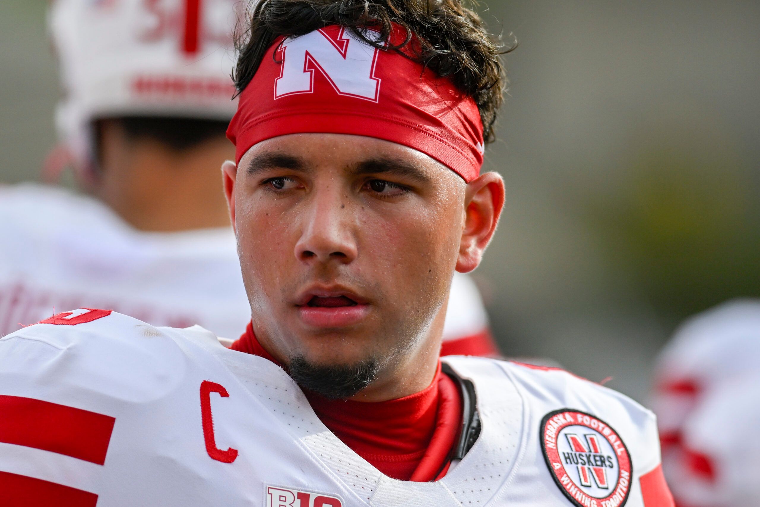 Nebraska Cornhuskers quarterback Dylan Raiola (15) walks the sidelines during the first half against the Maryland Terrapins at SECU Stadium.