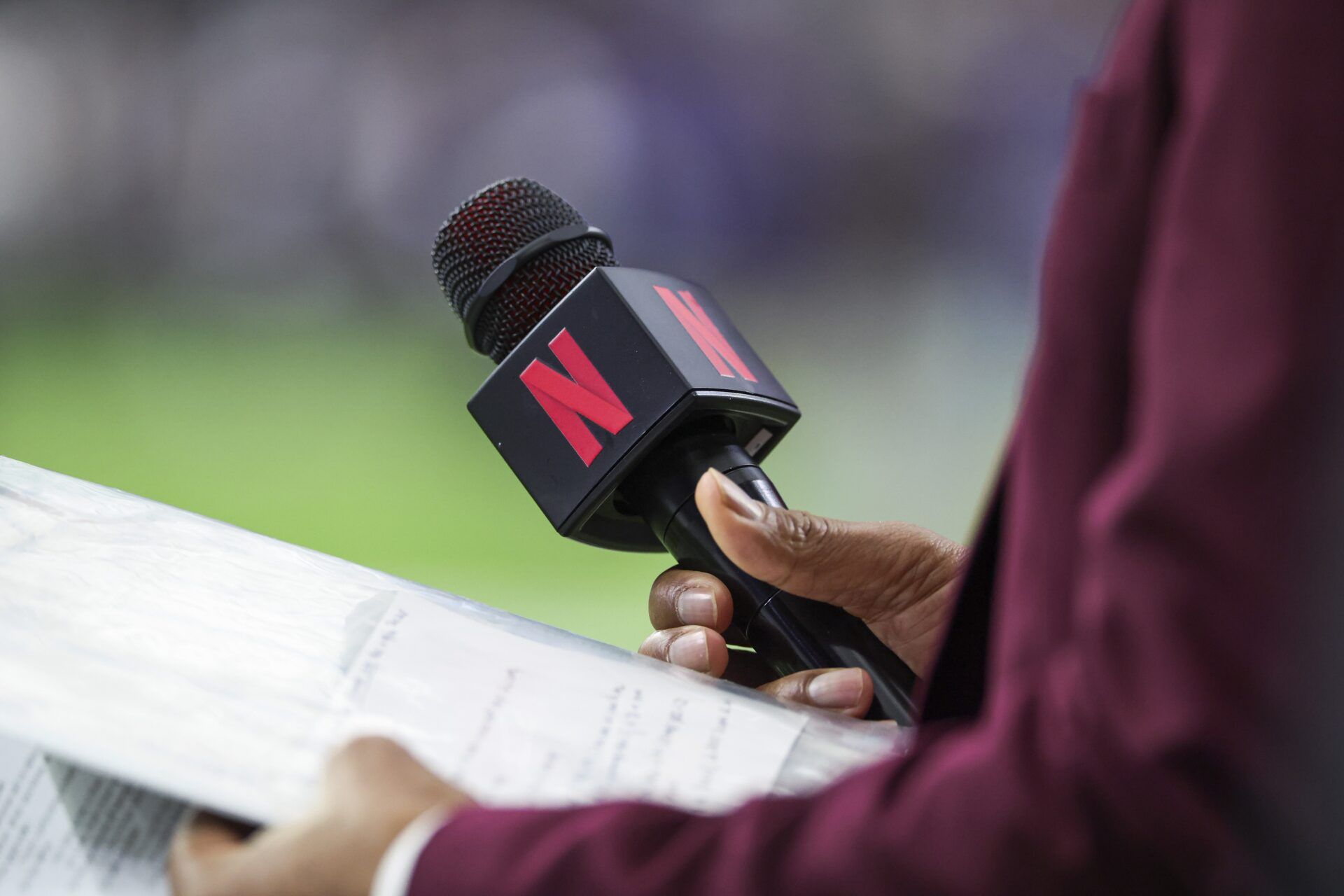 General view of a Netflix microphone held by sideline reporter Steve Wyche before the game between the Houston Texans and the Baltimore Ravens at NRG Stadium.