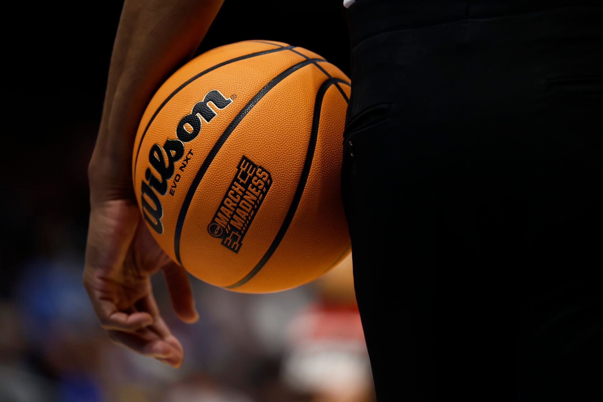 Close up of a game ball held by an official in the second half between the Southeast Missouri State Redhawks and the Texas A&M-CC Islanders   at UD Arena.