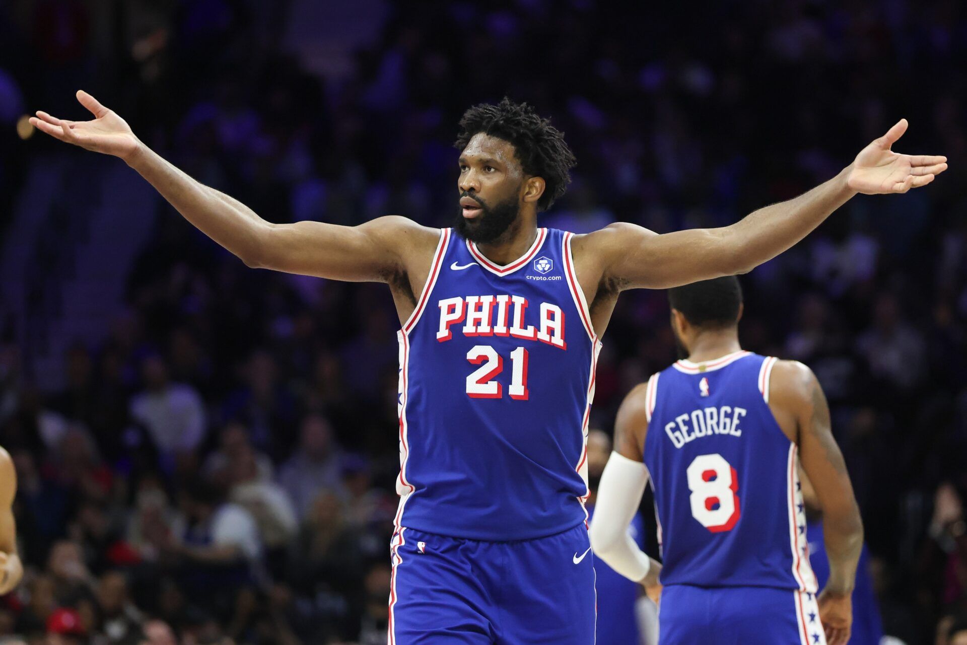 Philadelphia 76ers center Joel Embiid (21) reacts after his three pointer against the Cleveland Cavaliers during the third quarter at Xfinity Mobile Arena.