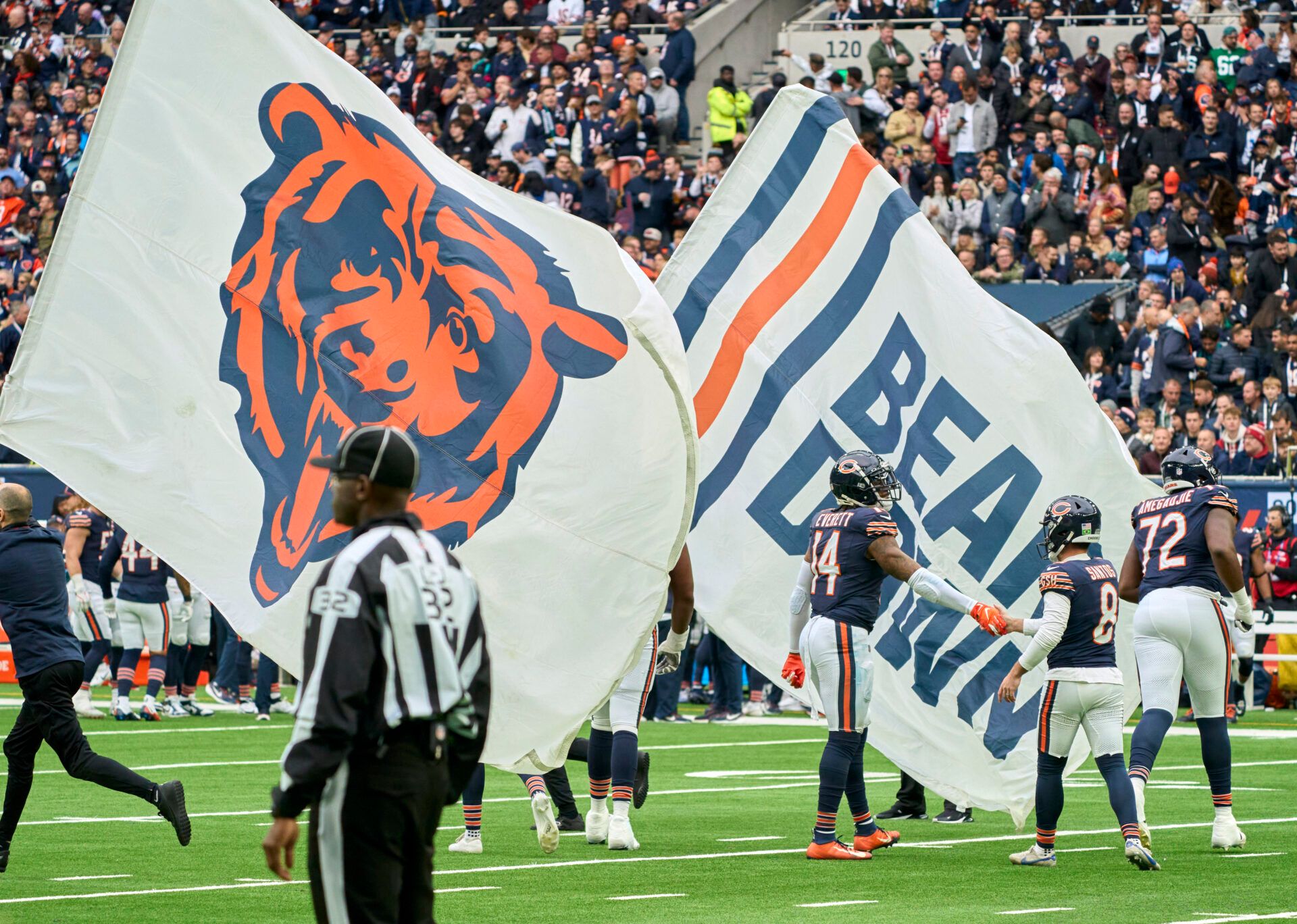 Bears flags flying during the second half of an NFL International Series game at Tottenham Hotspur Stadium.