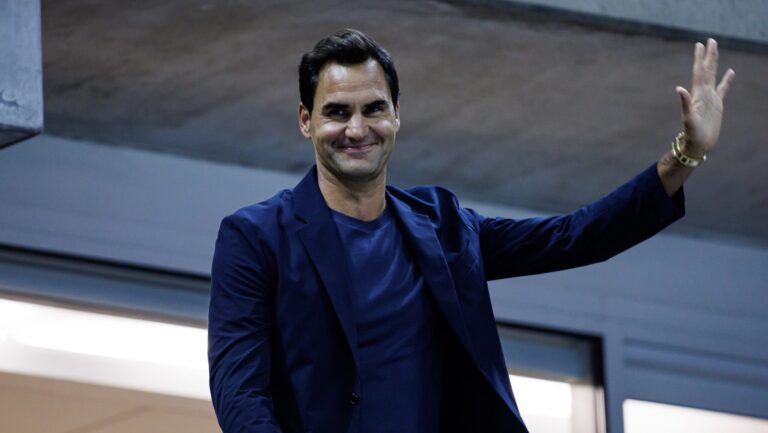 Roger Federer watches Aryna Sabalenka of Russia playing Qinwen Zheng of China on day nine of the U.S. Open tennis tournament at the USTA Billie Jean King National Tennis Center.