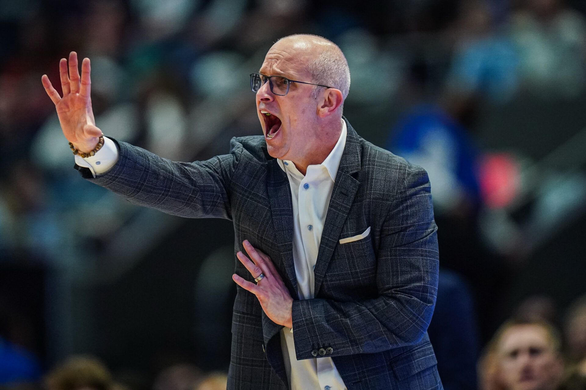 UConn Huskies head coach Dan Hurley watches from the sideline as they take on the DePaul Blue Demons at PeoplesBank Arena.