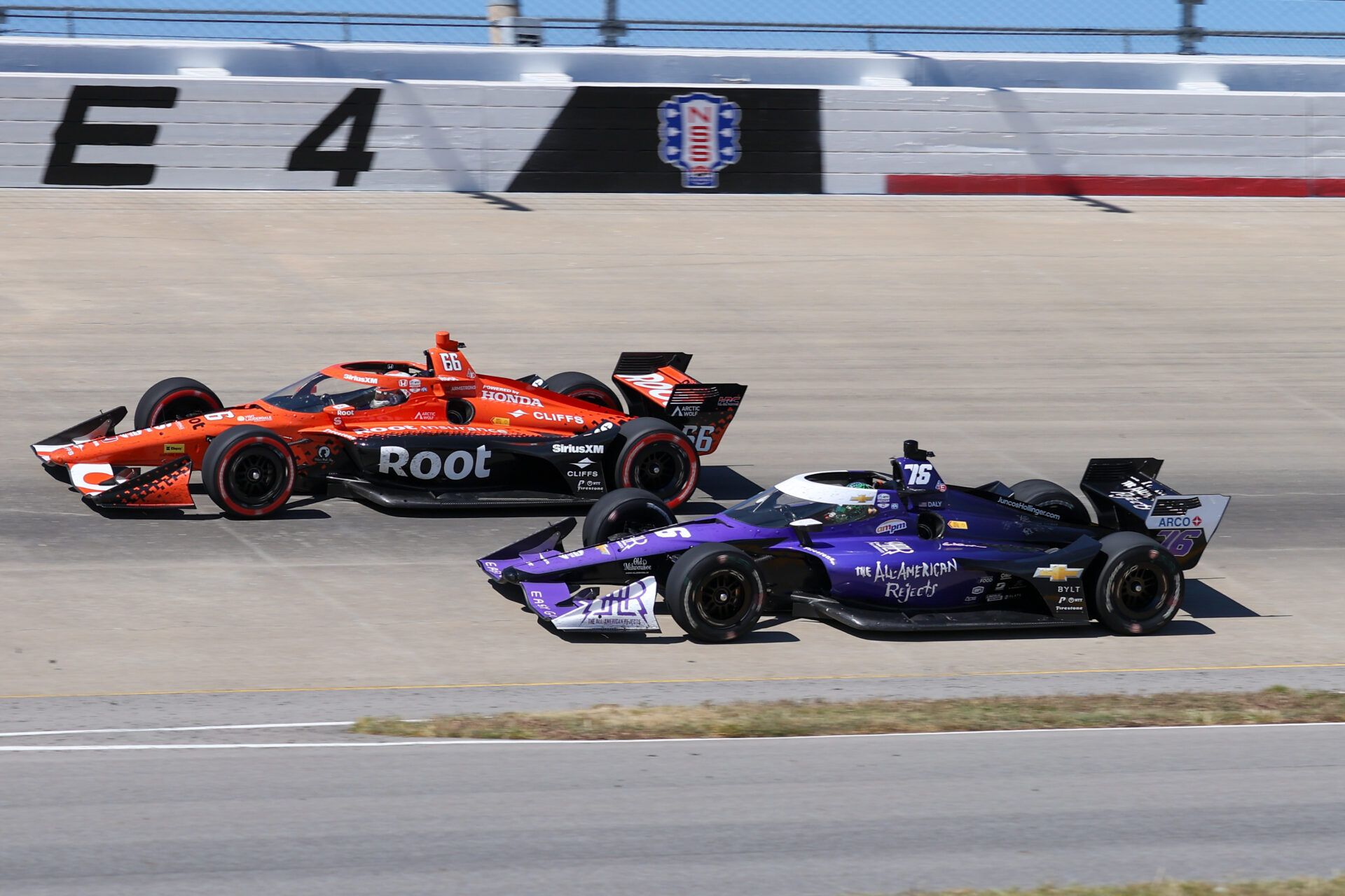 Meyer Shank Racing driver Marcus Armstrong (66) of New Zealand and Juncos Hollinger Racing driver Conor Daly (76) of the United States during the Borchetta Bourbon Music City Grand Prix at Nashville Superspeedway.
