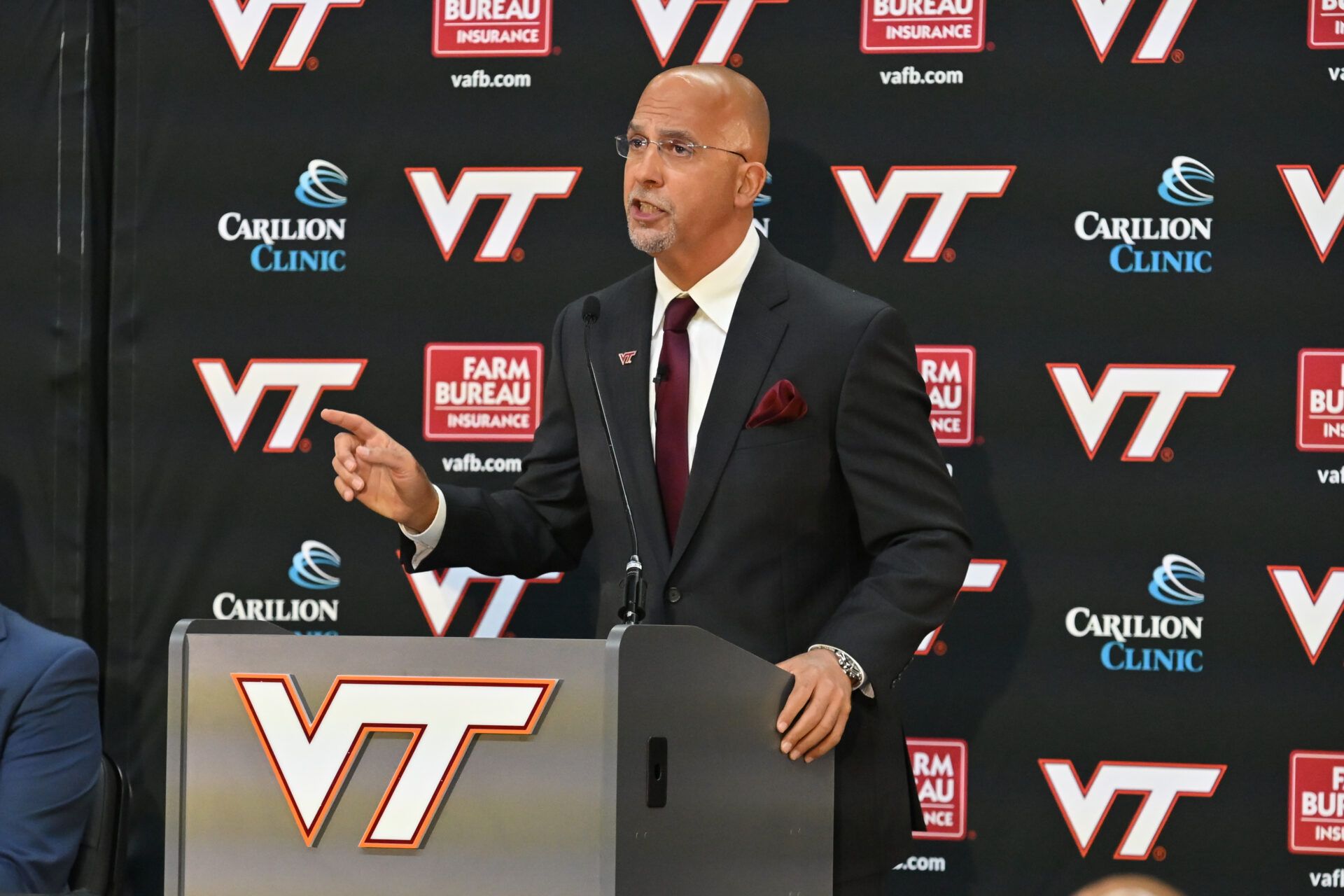 Virginia Tech head coach James Franklin speaks during the press conference at Cassell Coliseum.