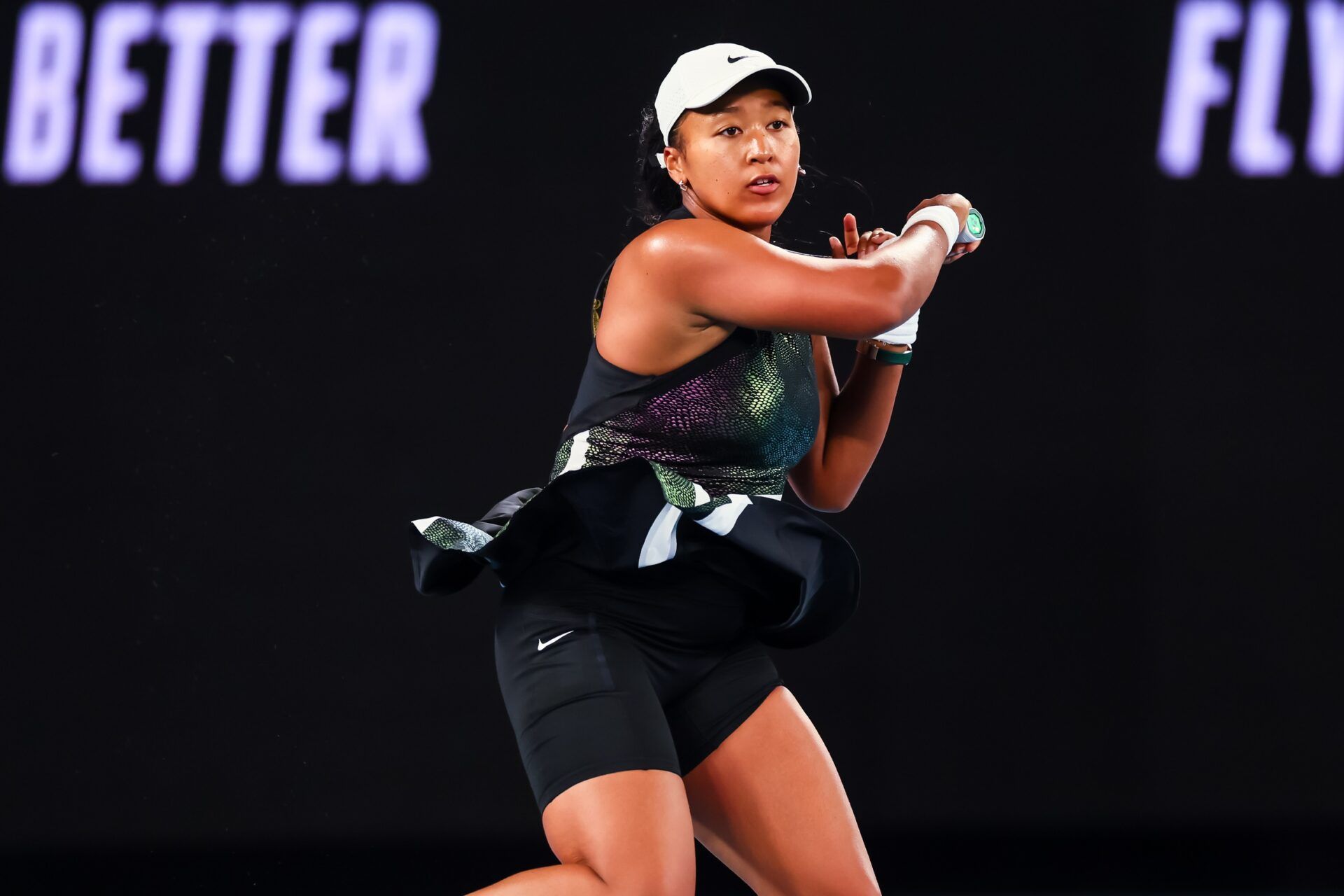 Naomi Osaka of Japan plays a shot against Caroline Garcia (not pictured) of France in Round 1 of the Women's Singles on Day 2 of the Australian Open tennis at Rod Laver Arena.