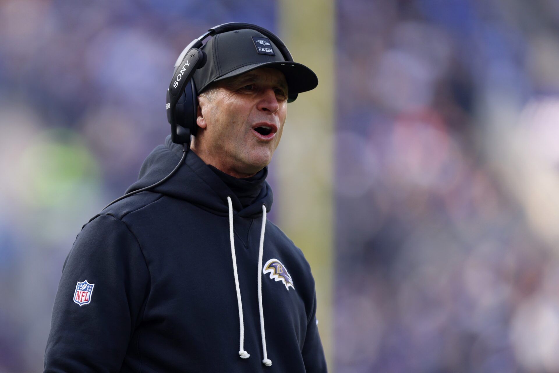 Baltimore Ravens head coach John Harbaugh reacts after a call following a play against the Pittsburgh Steelers during the first half at M&T Bank Stadium.