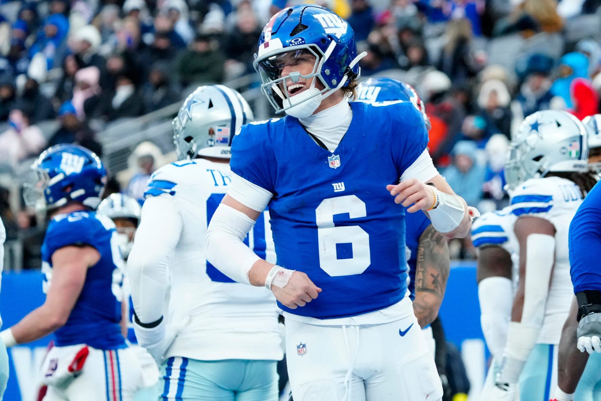 New York Giants quarterback Jaxson Dart (6) celebrates Big Blue's fourth quarter touchdown to cement their fourth victory of the season, Sunday, January 4, 2026, in East Rutherford. The Giants beat the Cowboys, 34-17.