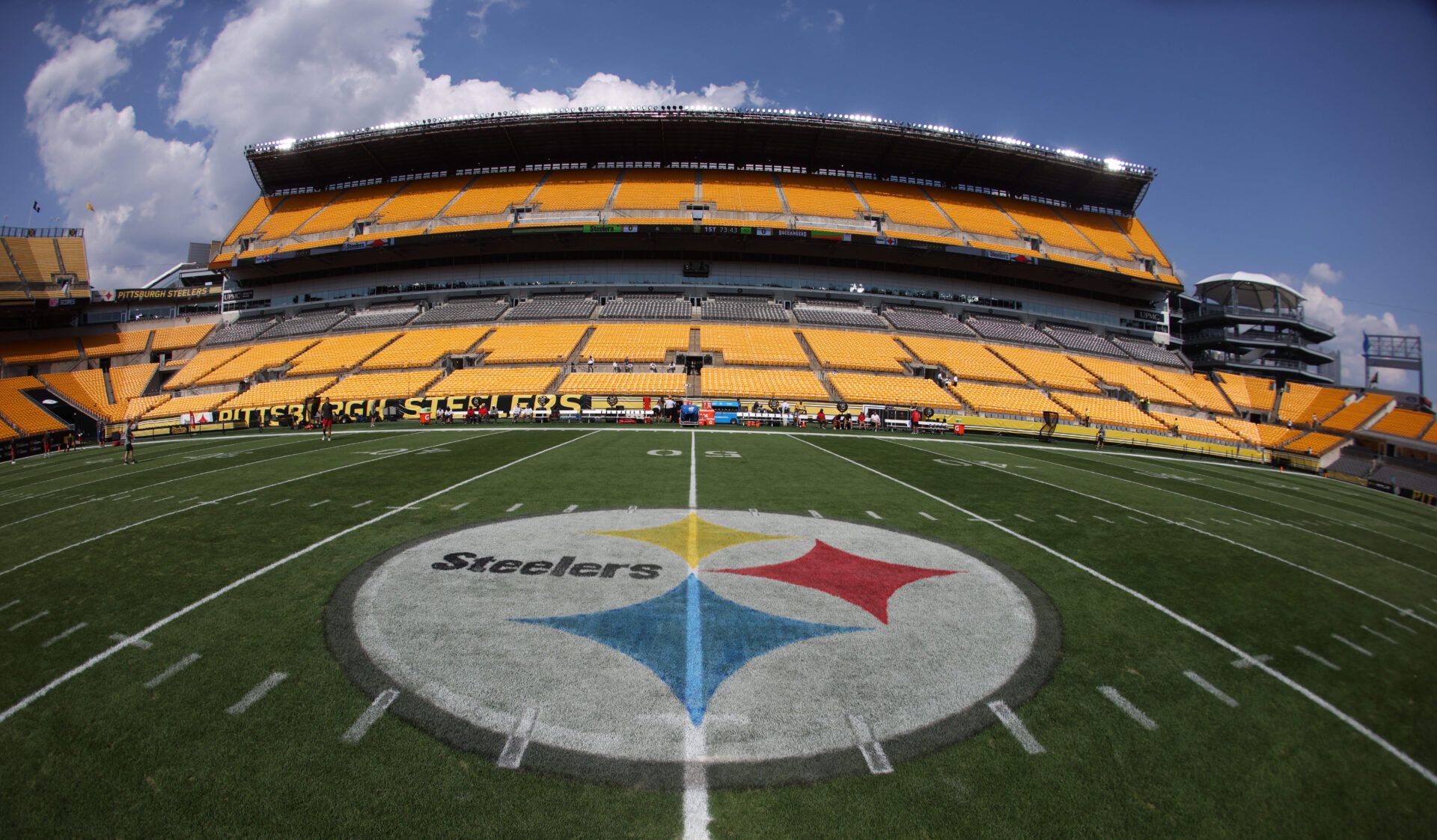 General view of the logo on the fifty yard line before the Pittsburgh Steelers host the Tampa Bay Buccaneers at Acrisure Stadium.
