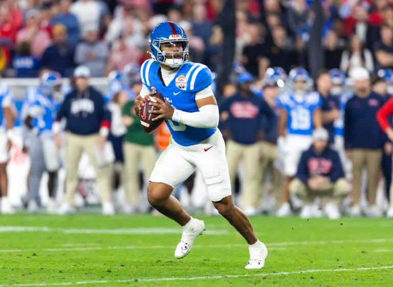 Detailed view of the jersey of Mississippi Rebels quarterback Trinidad Chambliss (6) against the Miami Hurricanes during the 2026 Fiesta Bowl and semifinal game of the College Football Playoff at State Farm Stadium.