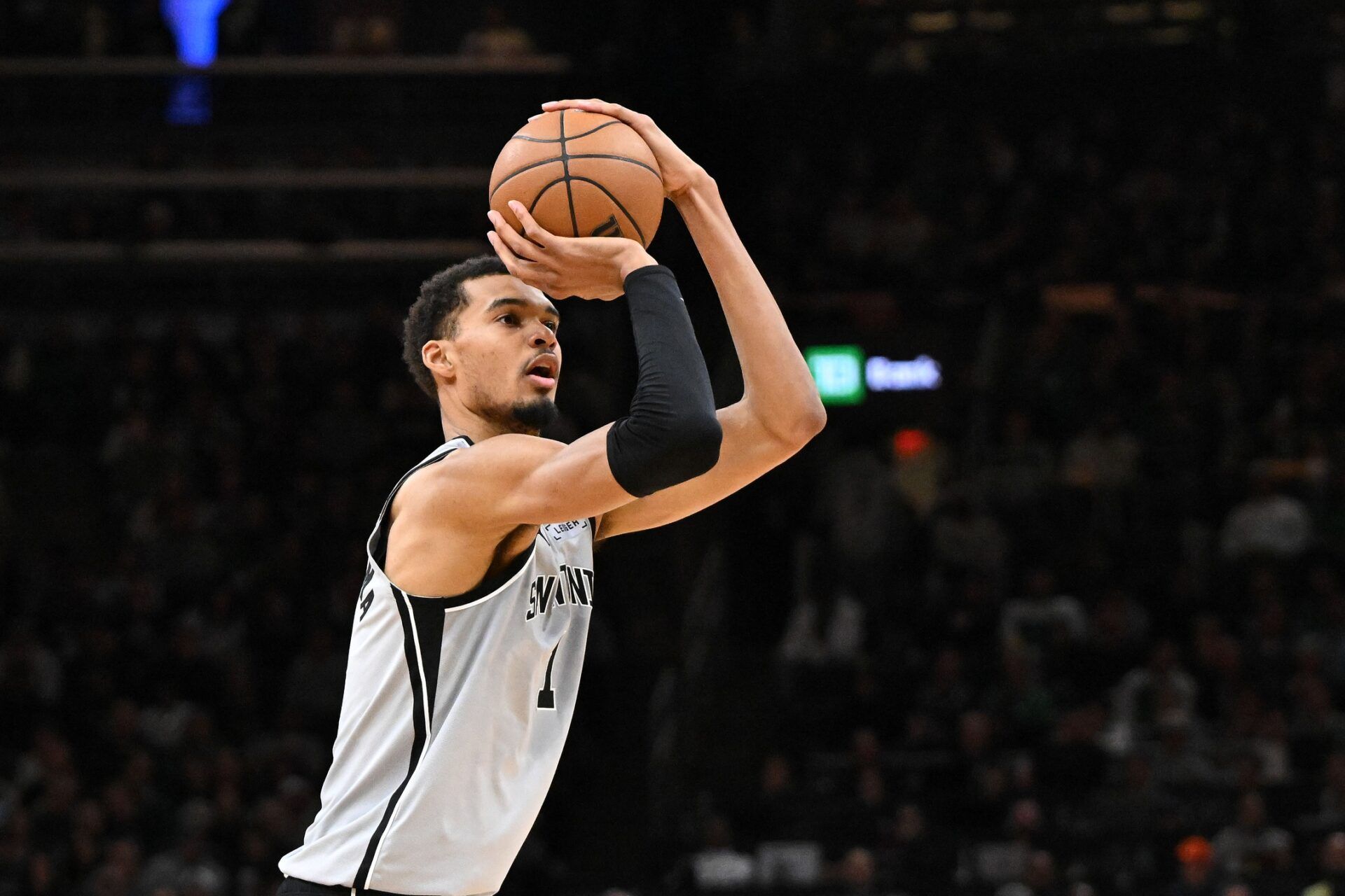 San Antonio Spurs forward Victor Wembanyama (1) attempts a shot against the Boston Celtics during the first half at the TD Garden.