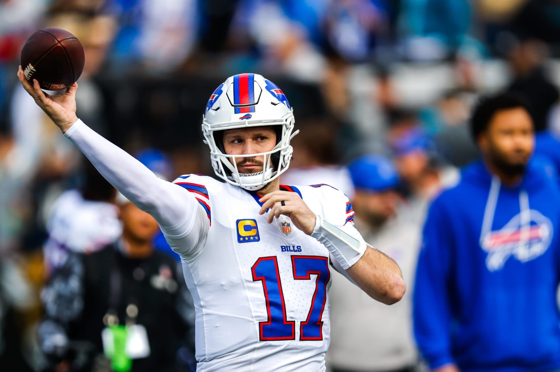 Buffalo Bills quarterback Josh Allen (17) warms up before the first quarter in an NFL football AFC Wild Card playoff matchup, Sunday, Jan. 11, 2026, in Jacksonville, Fla. Bills lead 10-7 at the half over the Jaguars. [Doug Engle/Florida Times-Union]
