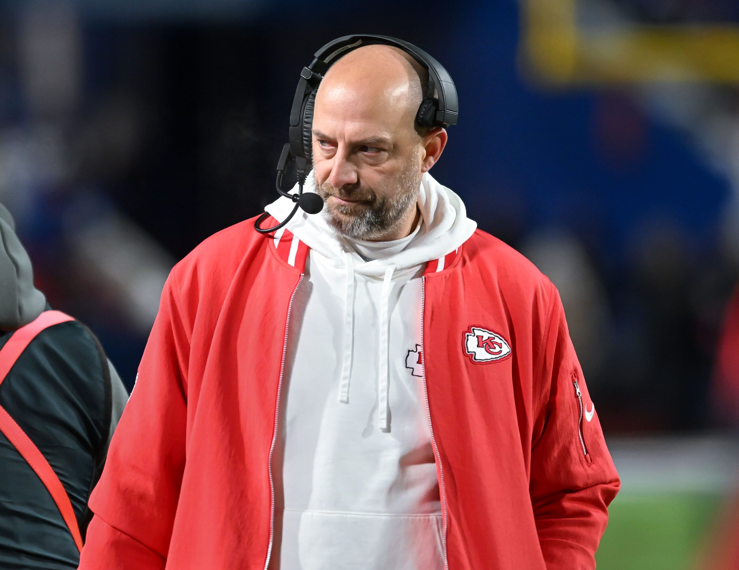 Kansas City Chiefs offensive coordinator Matt Nagy on the sidelines in the second half of a 2024 AFC divisional round game against the Buffalo Bills at Highmark Stadium.