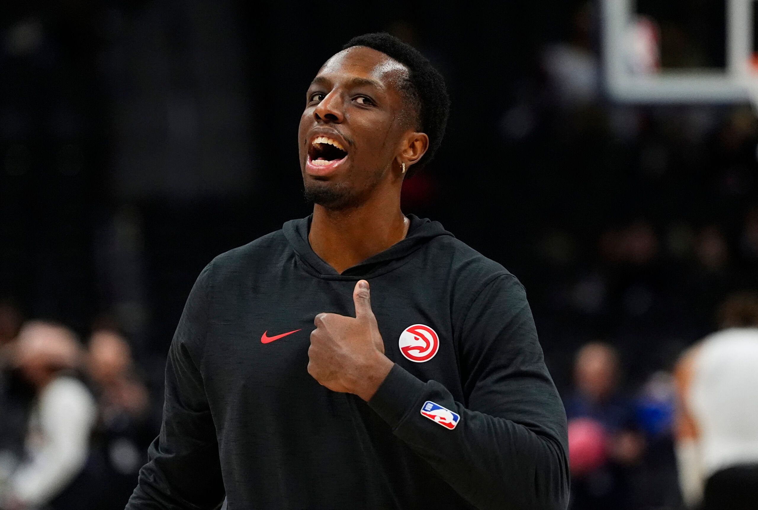 Atlanta Hawks forward Onyeka Okongwu (17) before the game against the Denver Nuggets at Ball Arena.