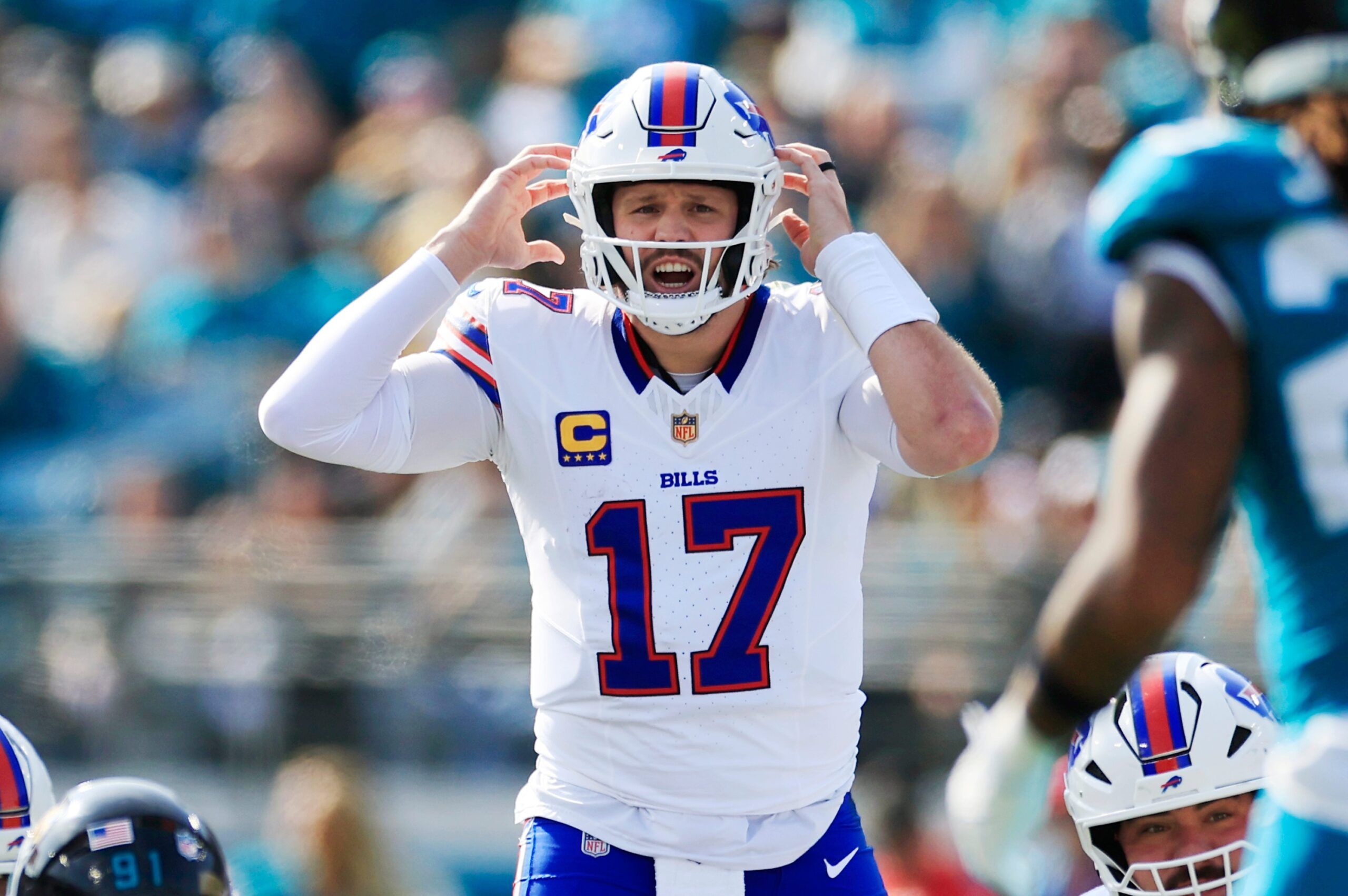 Buffalo Bills quarterback Josh Allen (17) calls a play during the first quarter of an NFL football AFC Wild Card playoff matchup, Sunday, Jan. 11, 2026, in Jacksonville, Fla. The Bills defeated the Jaguars 27-24. [Corey Perrine/Florida Times-Union]