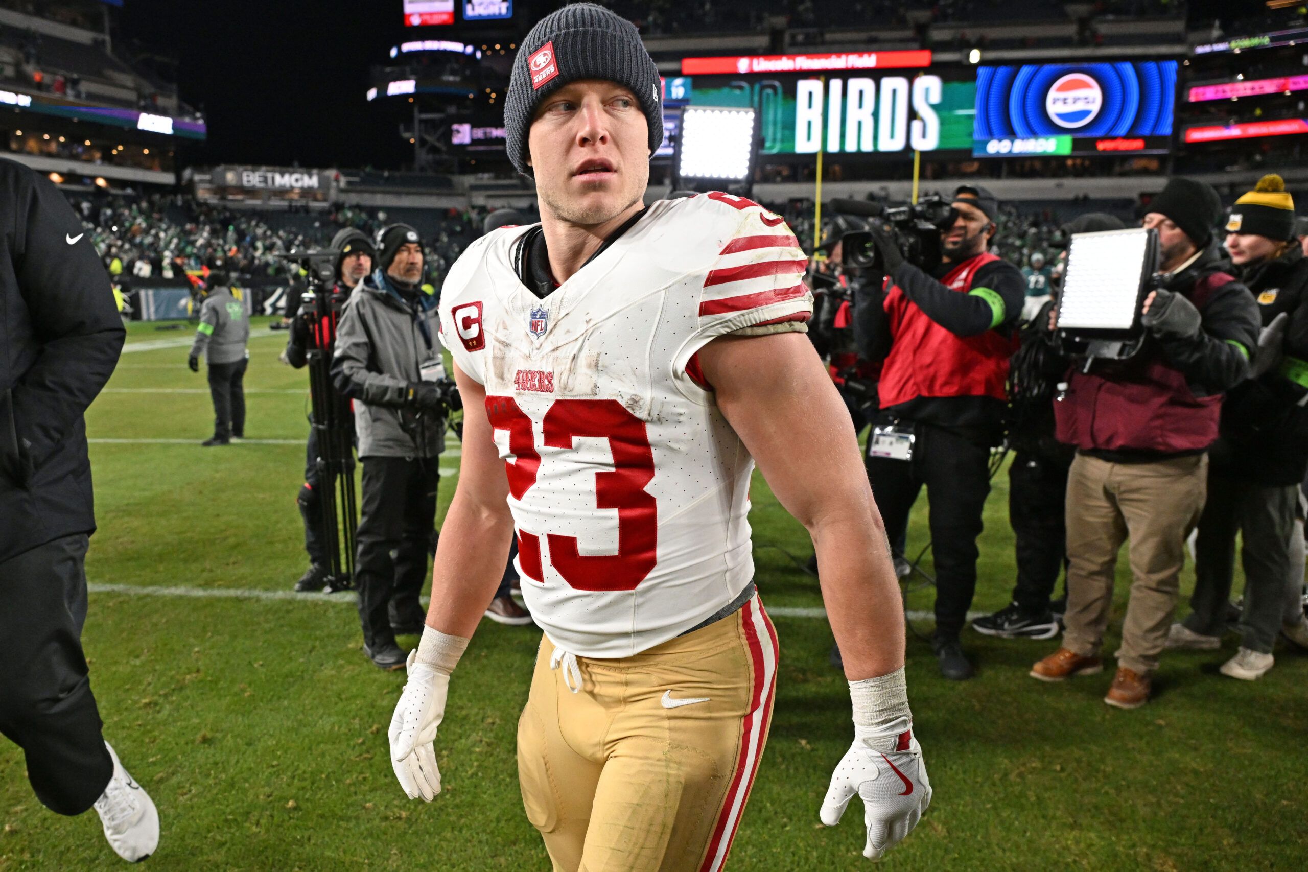 San Francisco 49ers running back Christian McCaffrey (23) on the field after win against the Philadelphia Eagles in an NFC Wild Card Round game at Lincoln Financial Field.