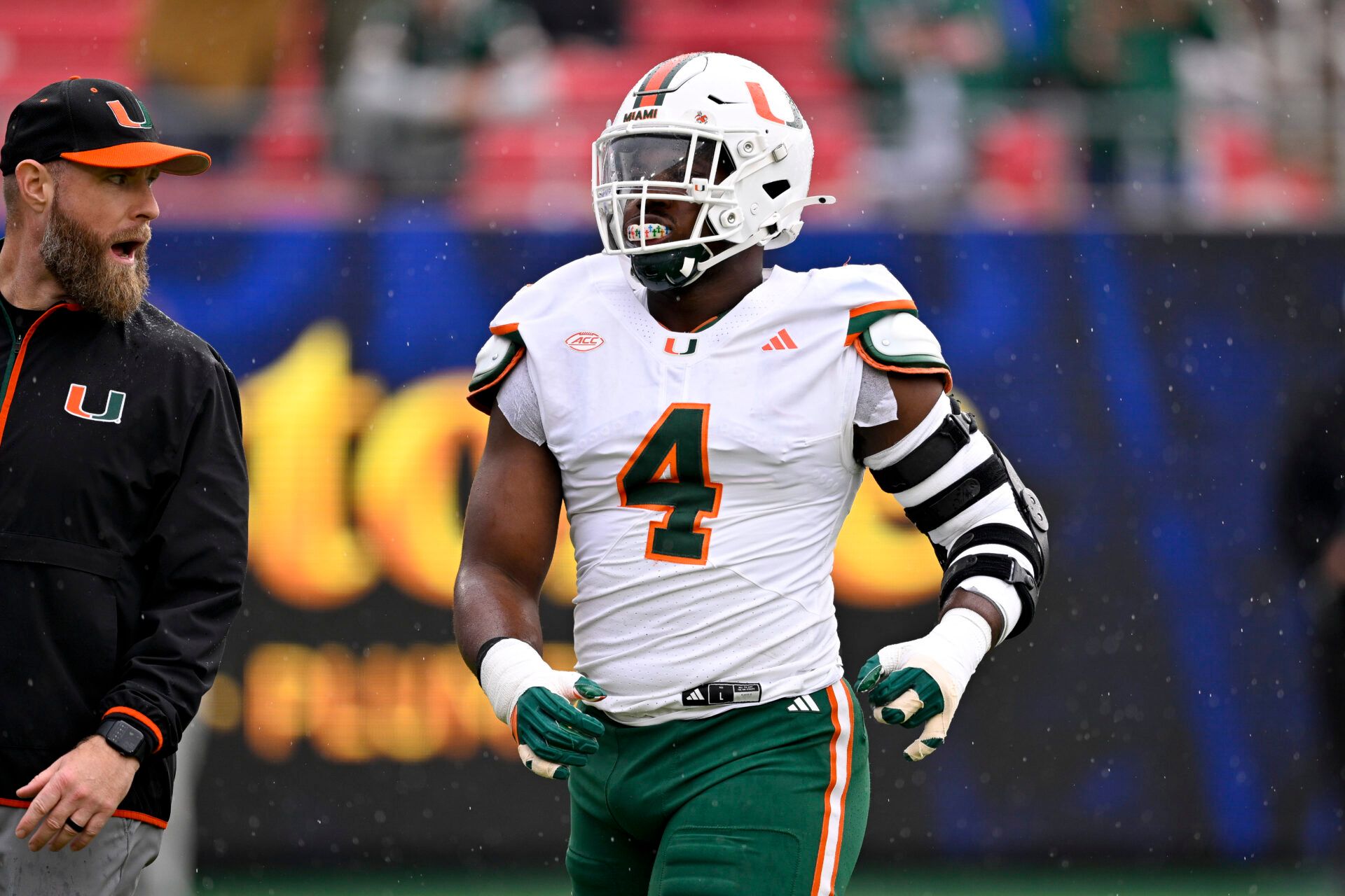 SMU Miami Hurricanes defensive lineman Rueben Bain Jr. (4) warms up before the game against the SMU Mustangs at Gerald J. Ford Stadium.