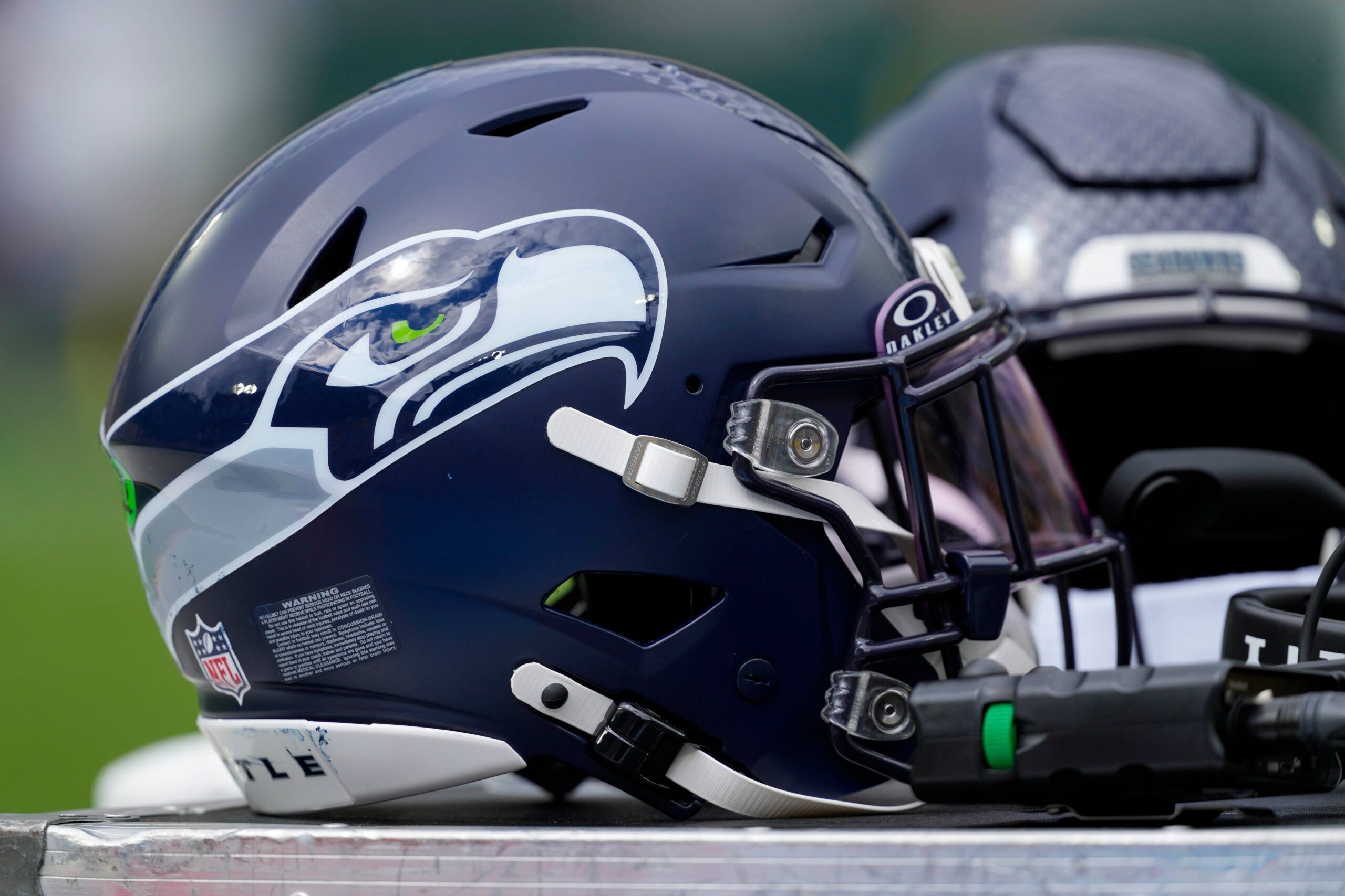 General view of a Seattle Seahawks helmet prior to the game against the Green Bay Packers at Lambeau Field.
