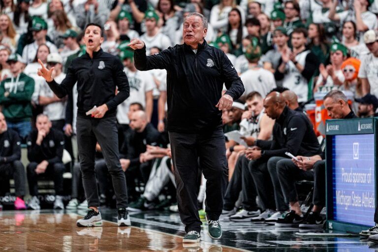Michigan State head coach Tom Izzo reacts to a play against Indiana during the first half at Breslin Center in East Lansing on Tuesday, Jan. 13, 2026.