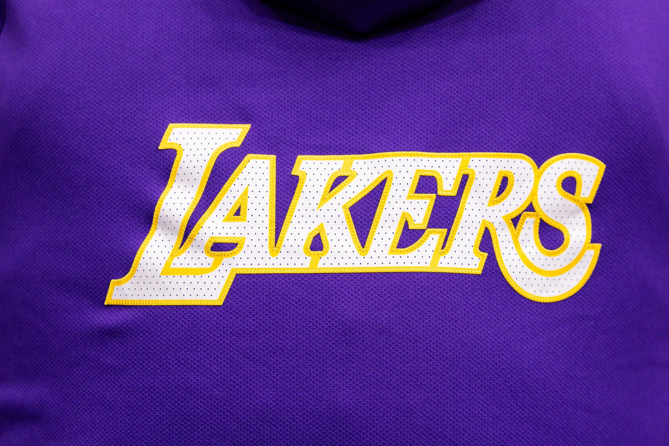 Detailed view of the Los Angeles Lakers logo as the Lakers play against the New Orleans Pelicans during the first half at Smoothie King Center.