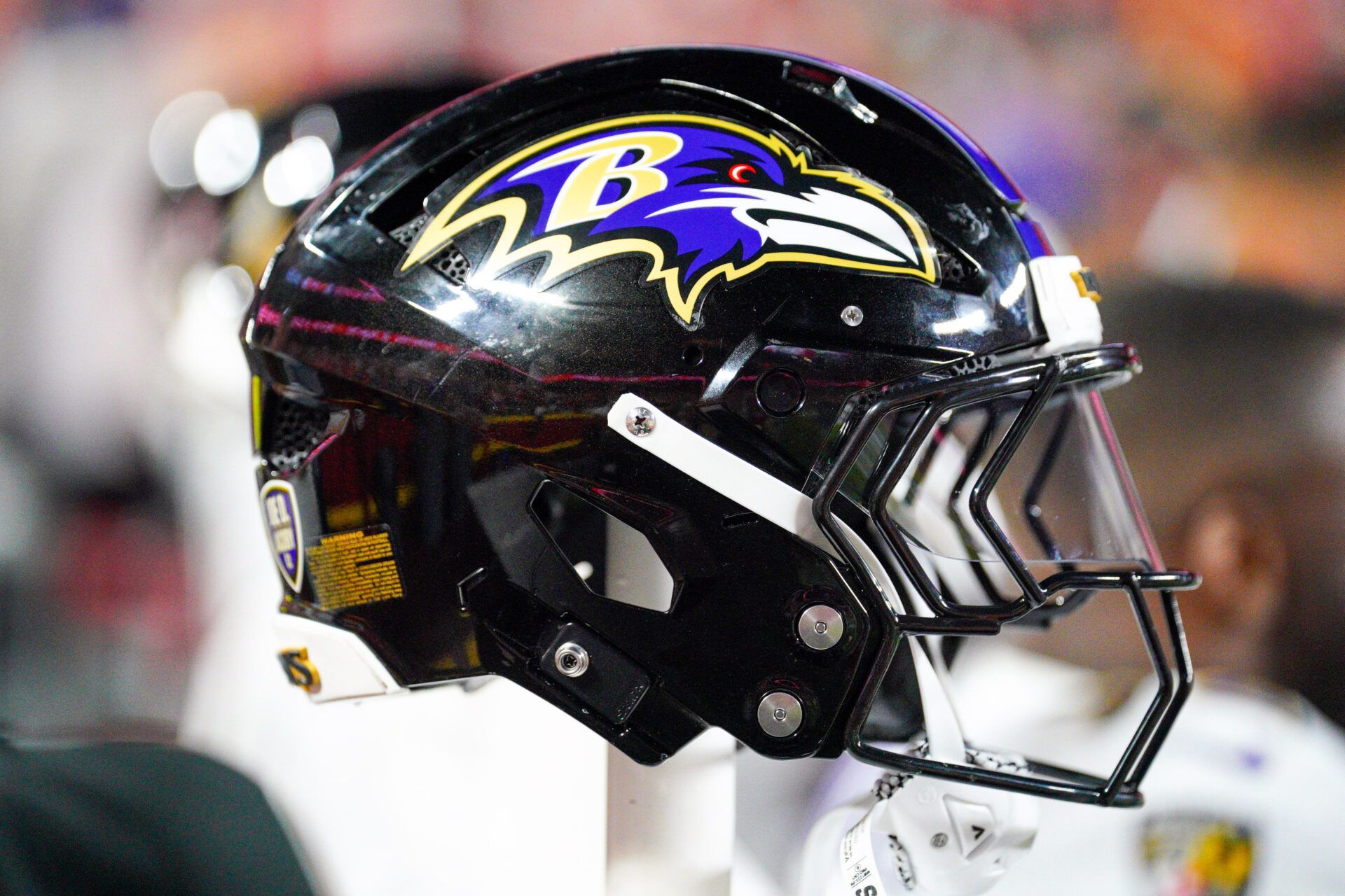 A general view of a Baltimore Ravens helmet against the Kansas City Chiefs during the first half at GEHA Field at Arrowhead Stadium.
