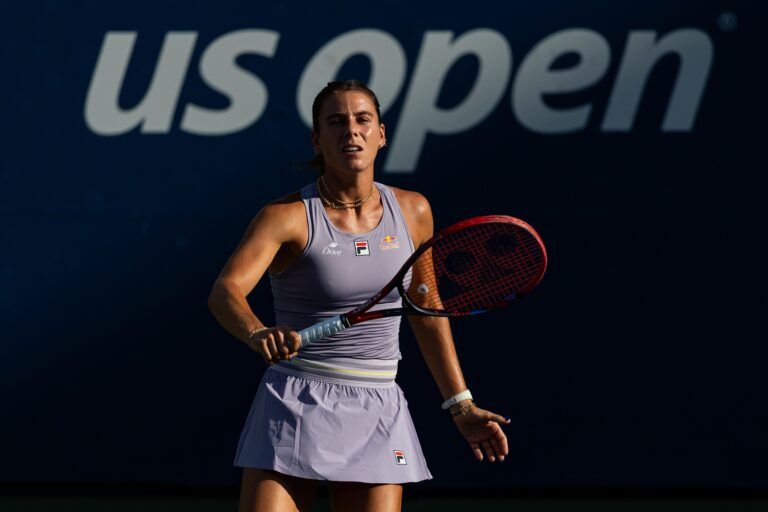 Emma Navarro of the United States in action against Wang Yafan of China in the first round of the womenÕs singles at the US Open at Billie Jean King National Tennis Centre.