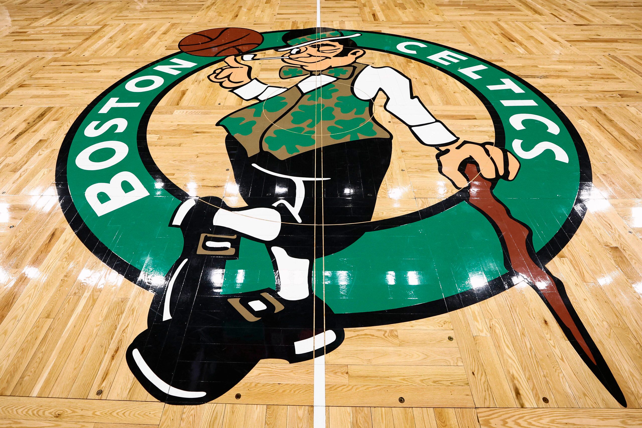 The Boston Celtics logo is seen on the court beofre the game between the Boston Celtics and the Cleveland Cavaliers at TD Garden.