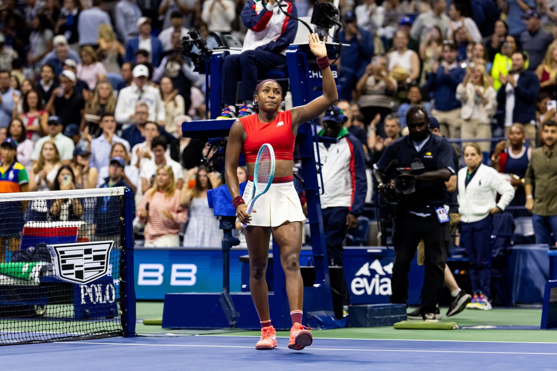 Coco Gauff of the United States celebrates her victory over Donna Vekic of Croatia in the second round of the women’s singles at the US Open at Arthur Ashe Stadium in Billie Jean King National Tennis Center.