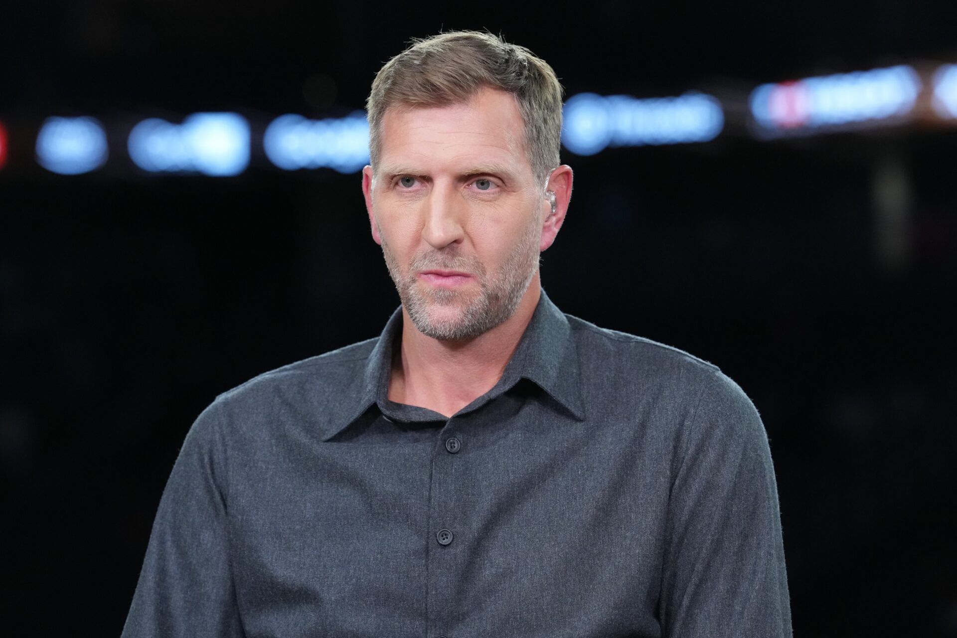 NBA on Amazon studio analyst Dirk Nowitzki during the NBA Cup semifinals at T-Mobile Arena.