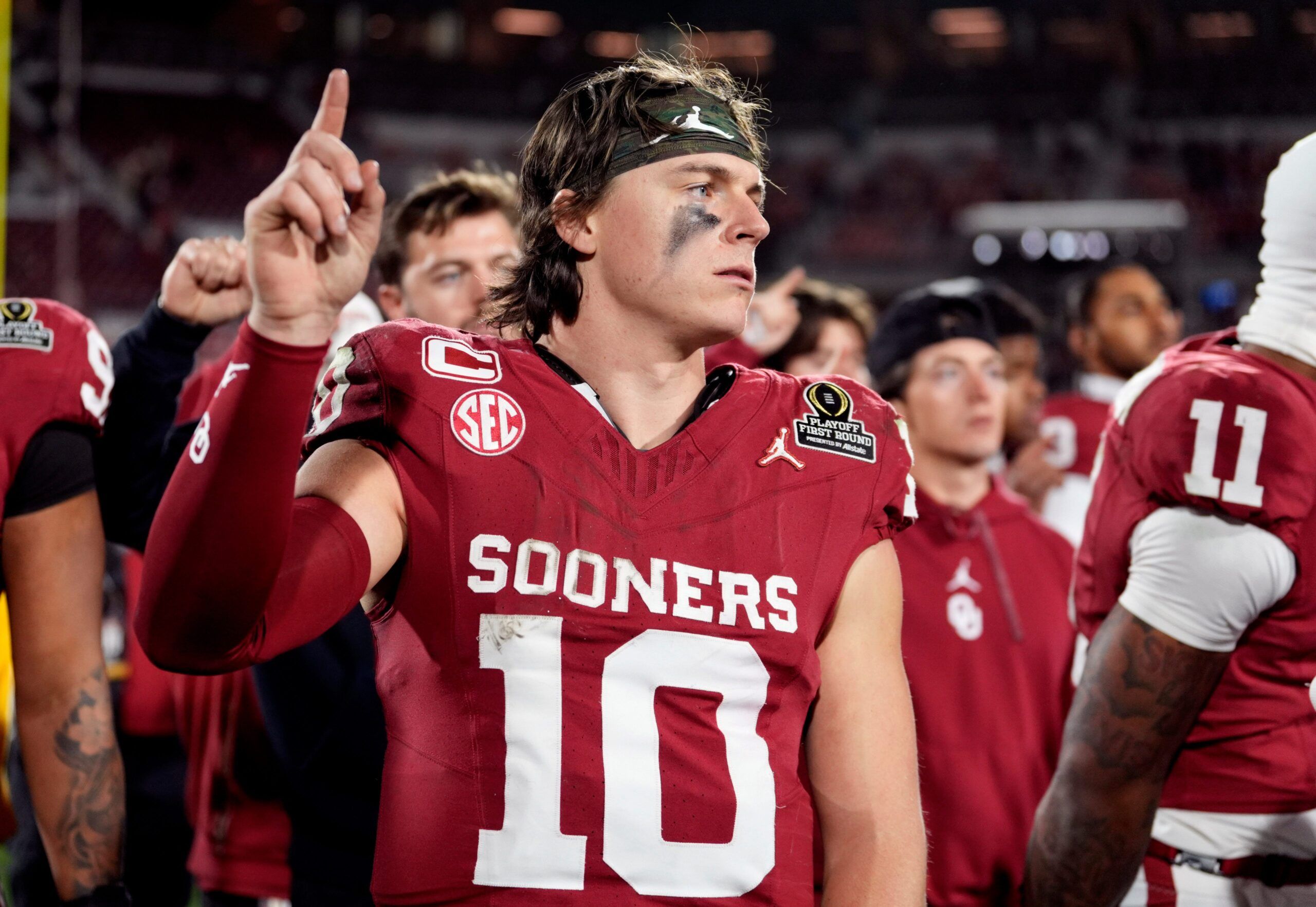 Oklahoma's John Mateer (10) reacts following the College Football Playoff game between the University of Oklahoma Sooners (OU) and the Alabama Crimson Tide at the Gaylord Family – Oklahoma Memorial Stadium in Norman, Okla., Friday Dec. 19, 2025.